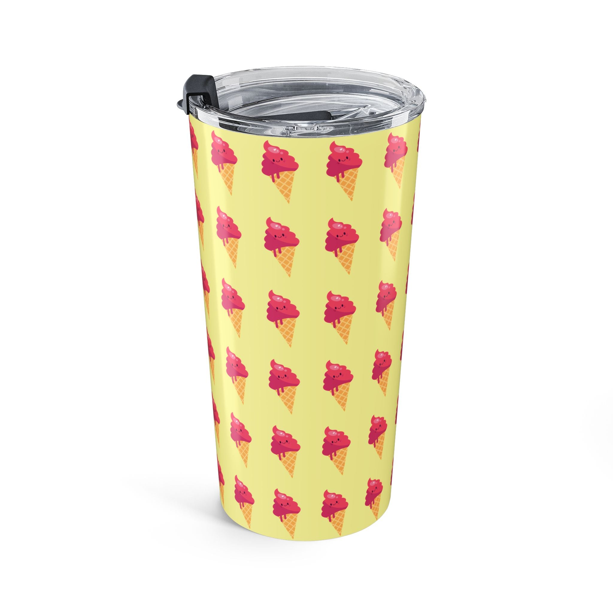 Pink Ice Cream Cone Tumbler – Pink Summer Scoop Pattern Stainless Travel Cup - Butter Yellow Background