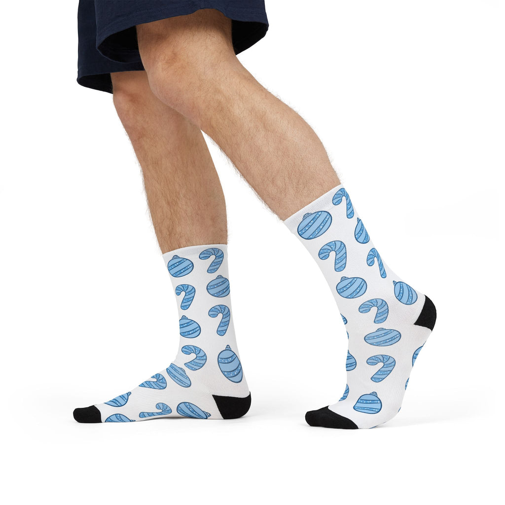 Glittery Blue Holiday Pattern Sublimation Crew Socks