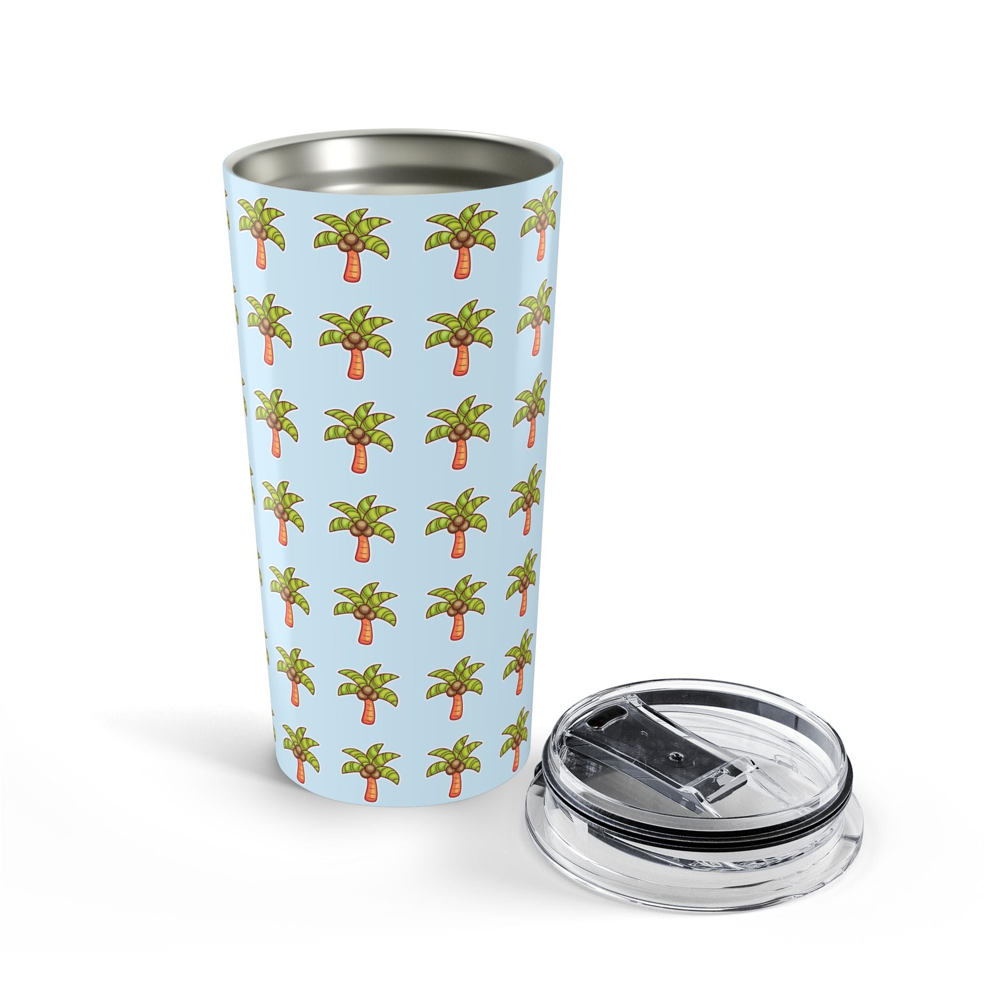 Palm Tree Pattern Tumbler — Tropical Travel Coffee Cup - Light Blue
