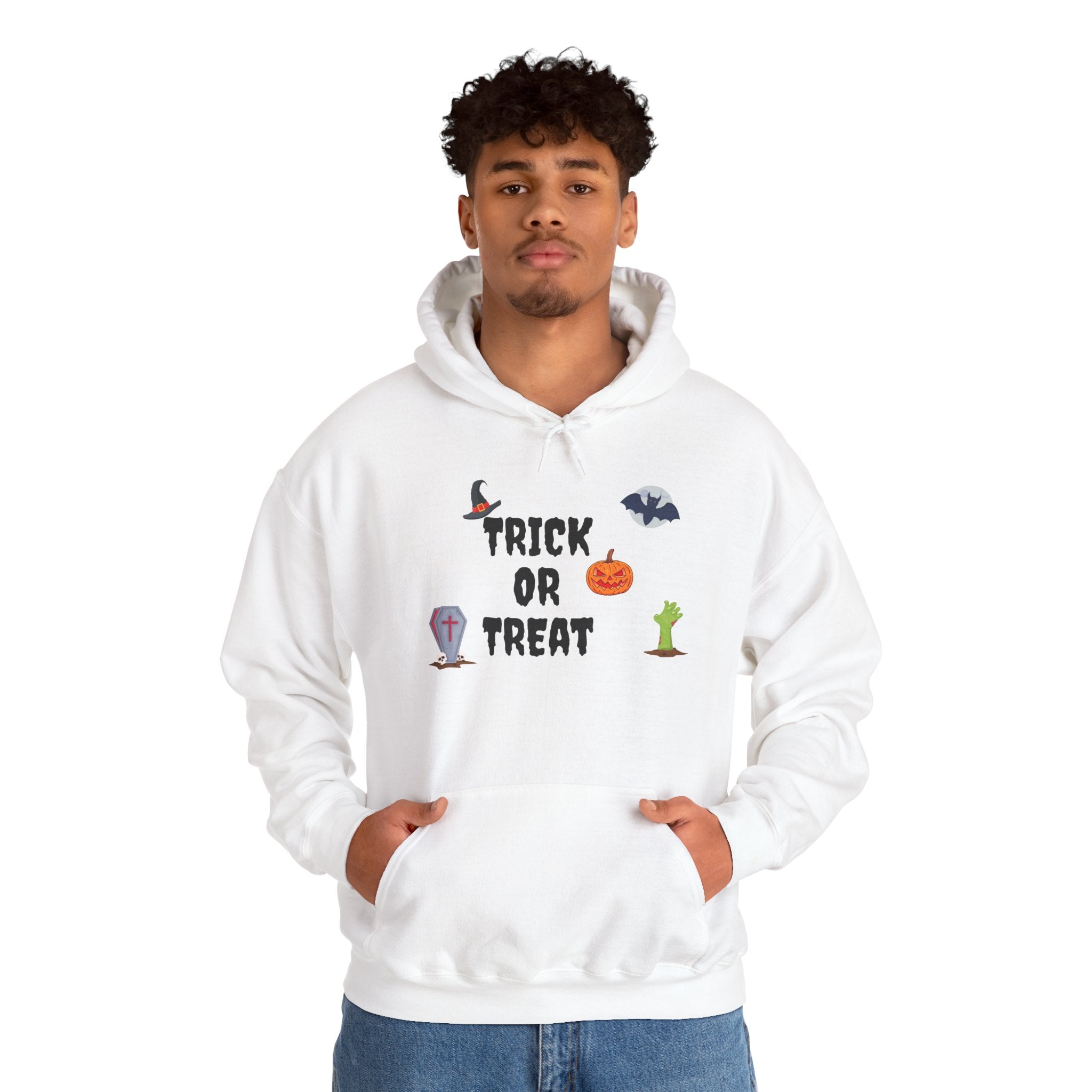 Trick or Treat Unisex Heavy Blend™ Hooded Sweatshirt White & Black (Purple Letters)