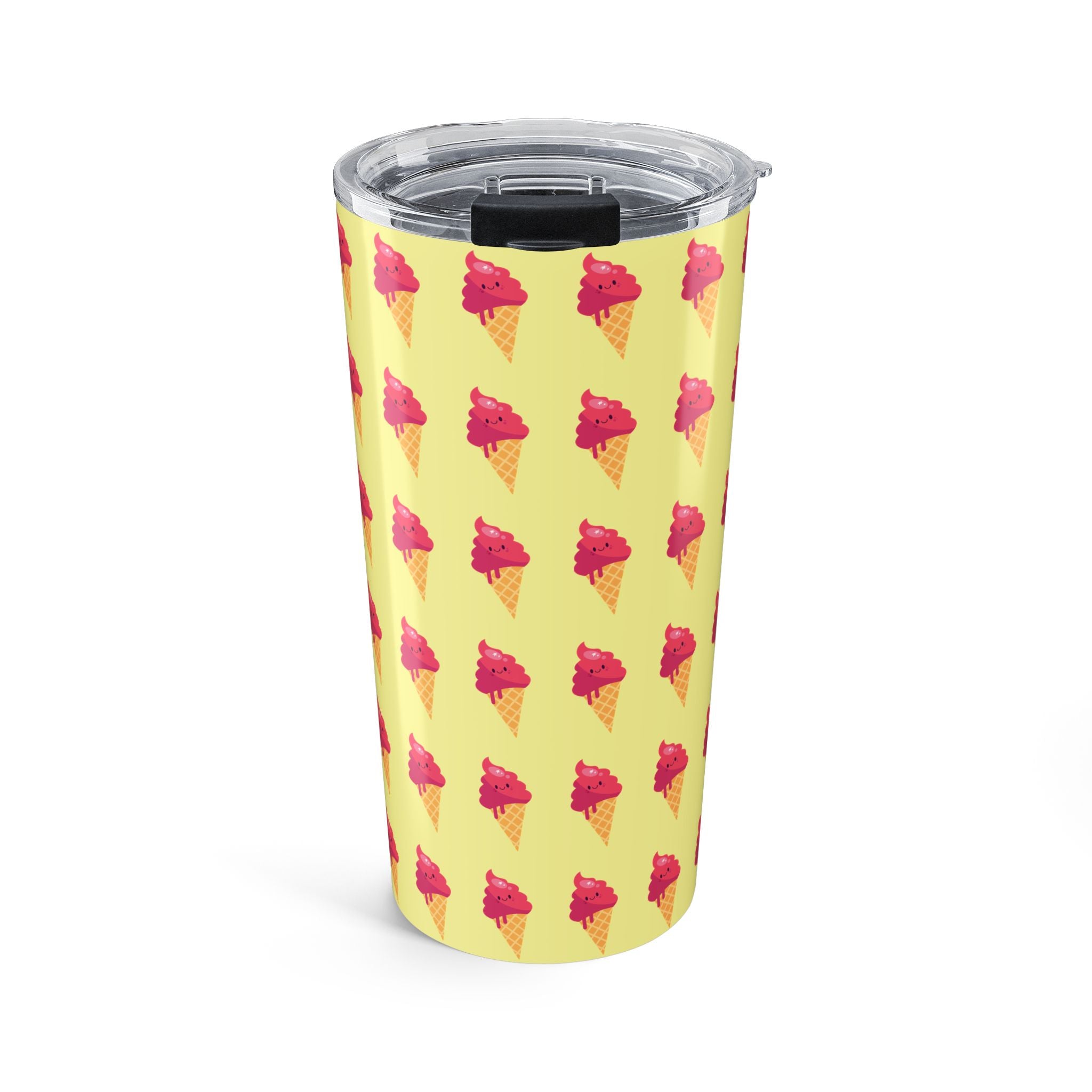 Pink Ice Cream Cone Tumbler – Pink Summer Scoop Pattern Stainless Travel Cup - Butter Yellow Background
