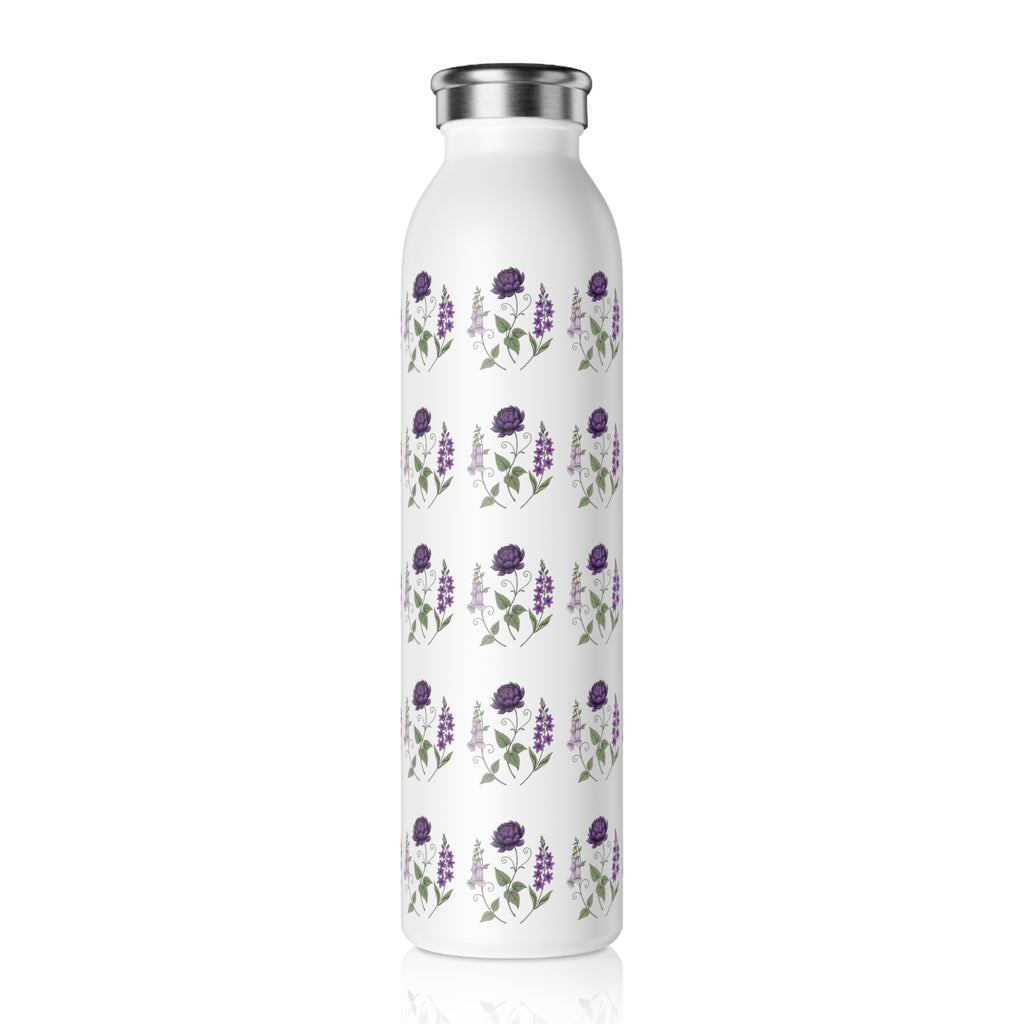 Purple Flowers Slim Water Bottle — Vintage Floral Pattern Insulated Bottle