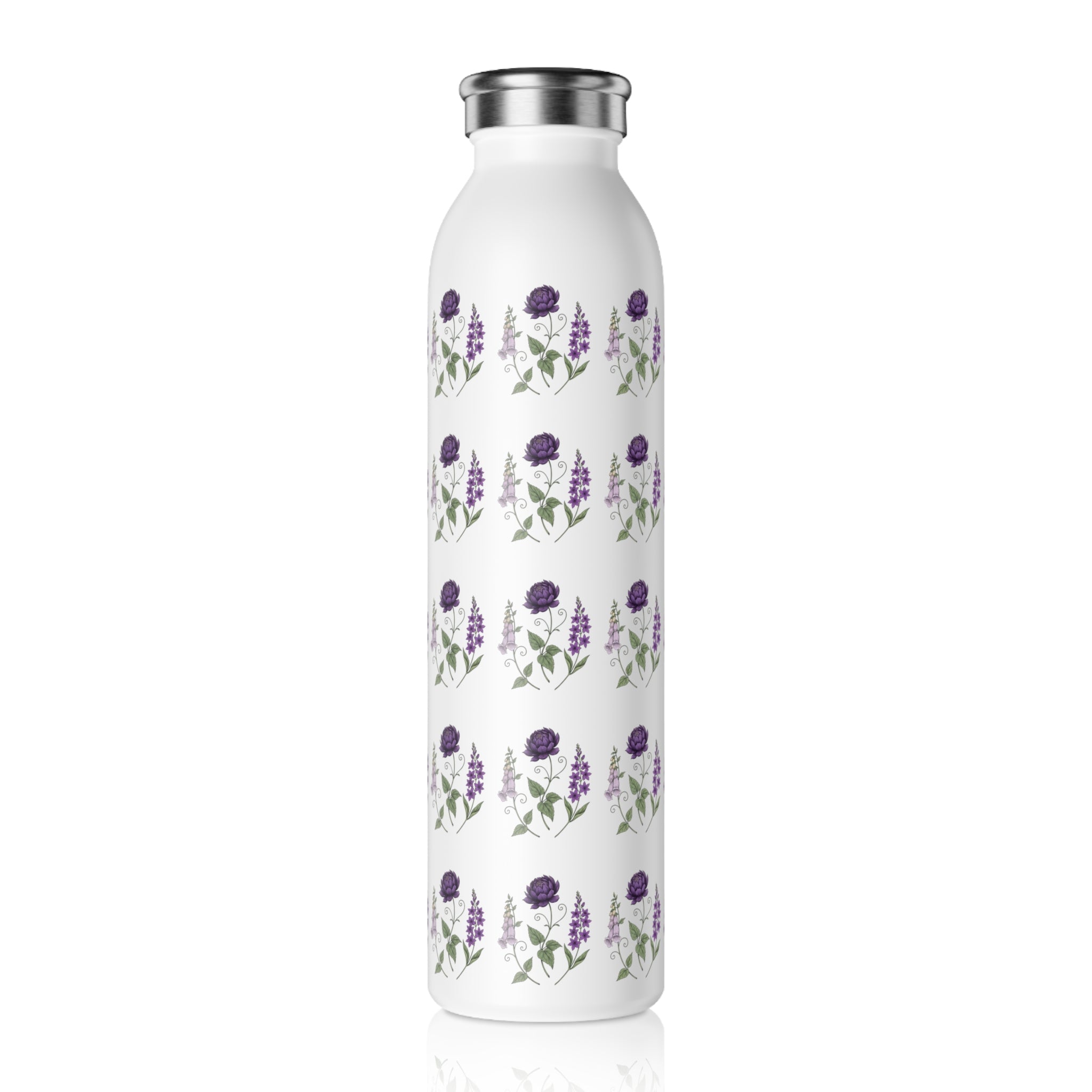 Purple Flowers Slim Water Bottle — Vintage Floral Pattern Insulated Bottle