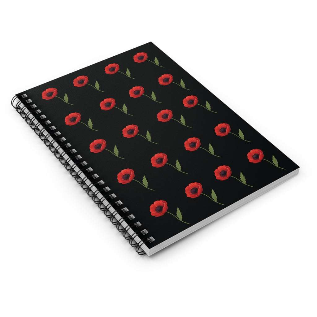 Poppy Pattern Spiral Notebook —  Floral Ruled Journal - Black Cover