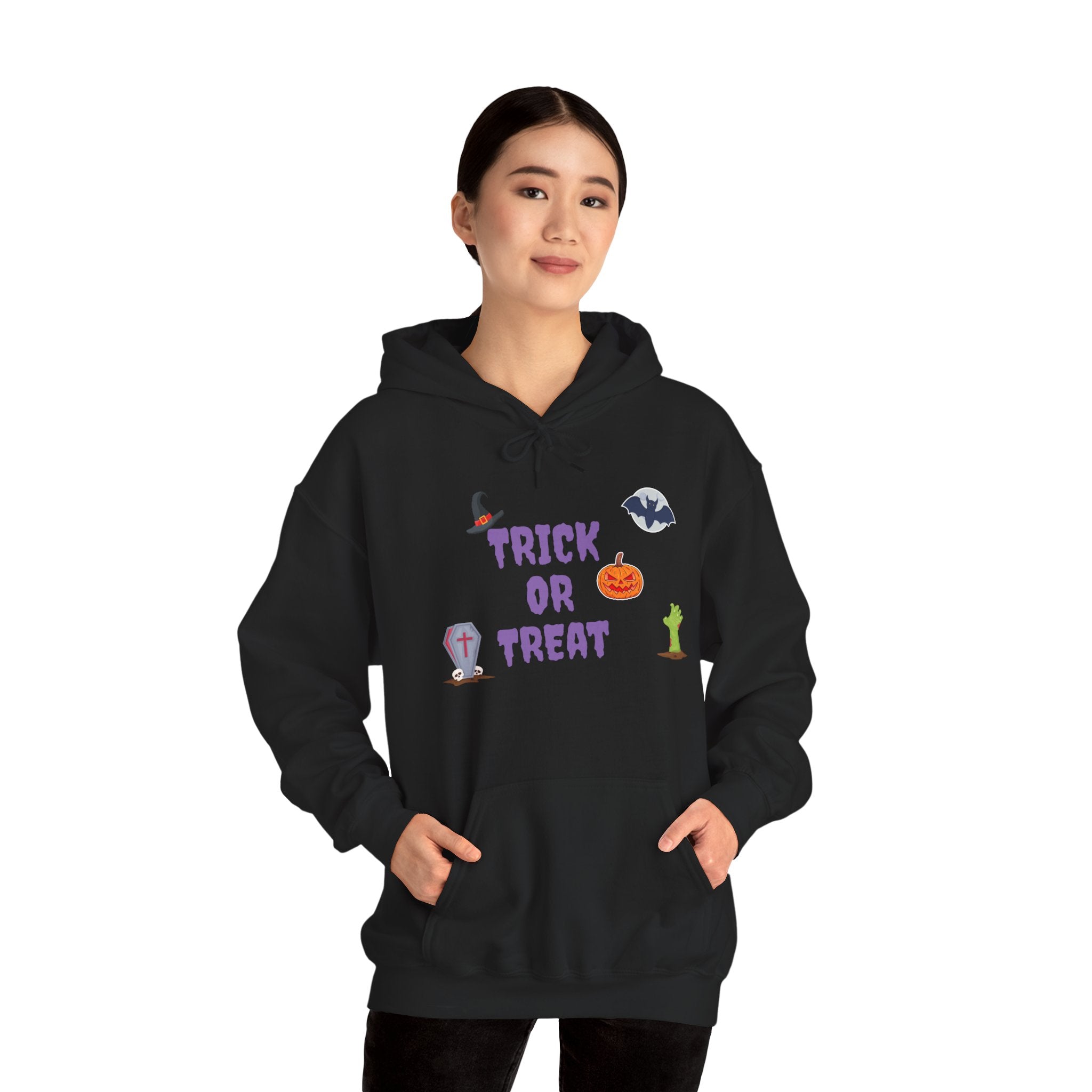 Trick or Treat Unisex Heavy Blend™ Hooded Sweatshirt White & Black (Purple Letters)