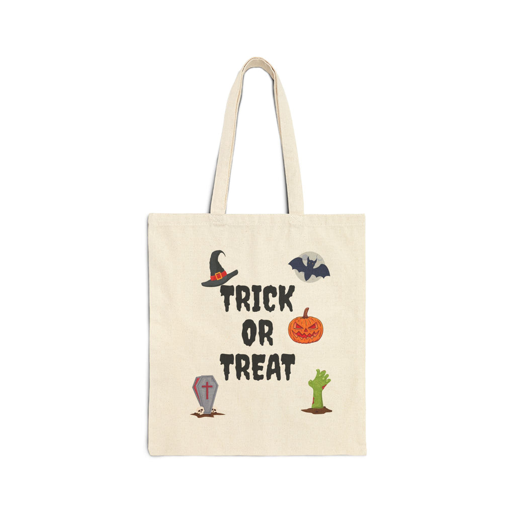 Trick or Treat Cotton Canvas Tote Bag Natural & Black (Purple Letters)