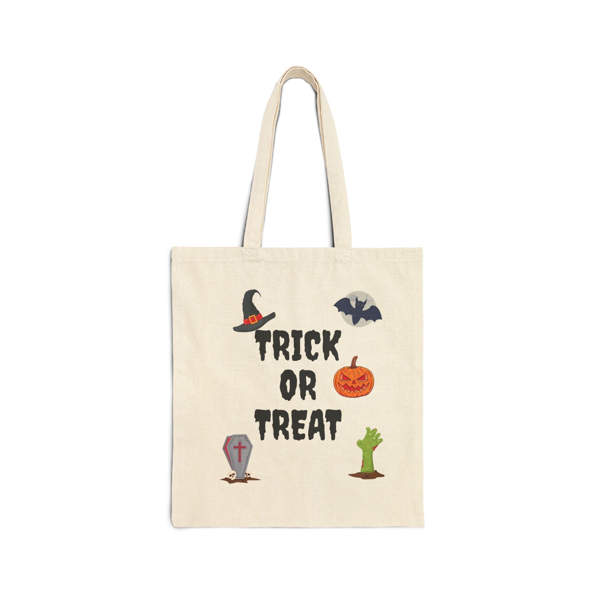 Trick or Treat Cotton Canvas Tote Bag Natural & Black (Purple Letters)