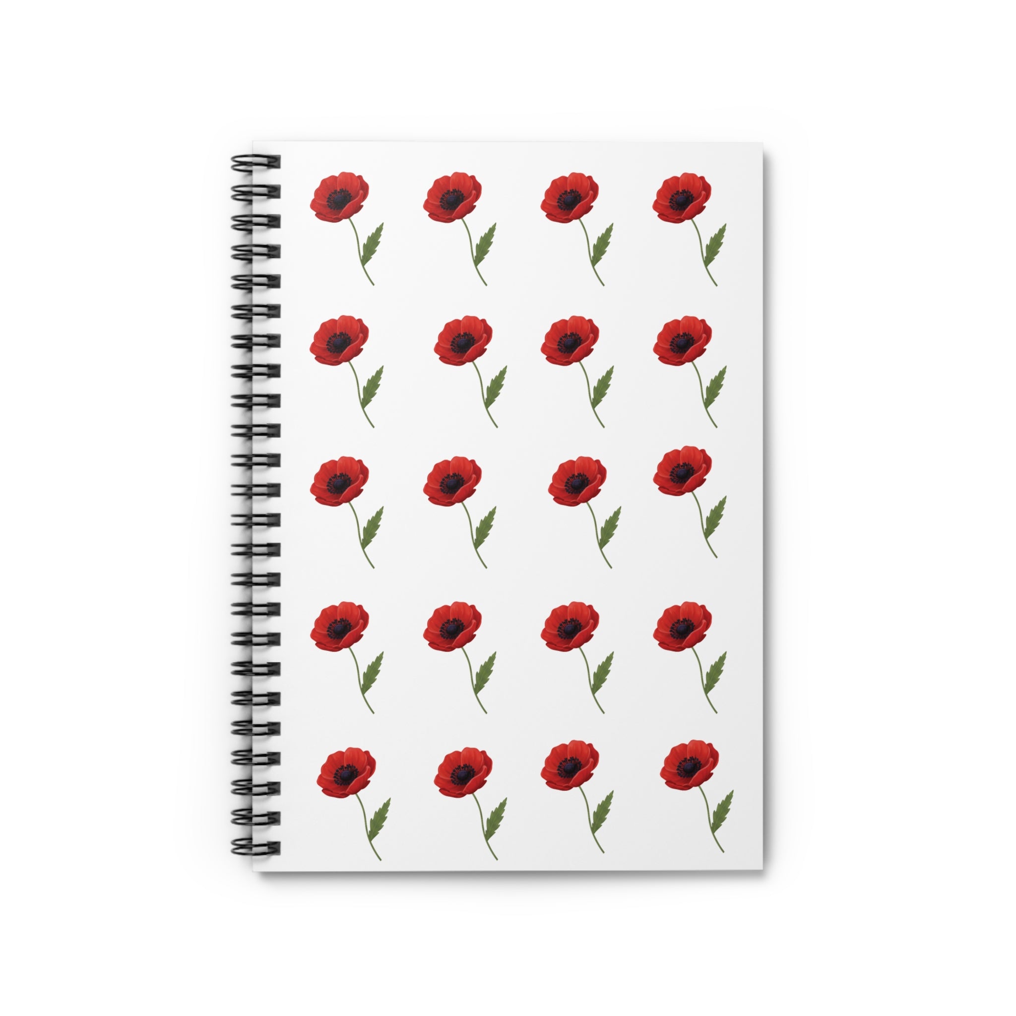 Poppy Pattern Spiral Notebook — Floral Ruled Journal - White Cover