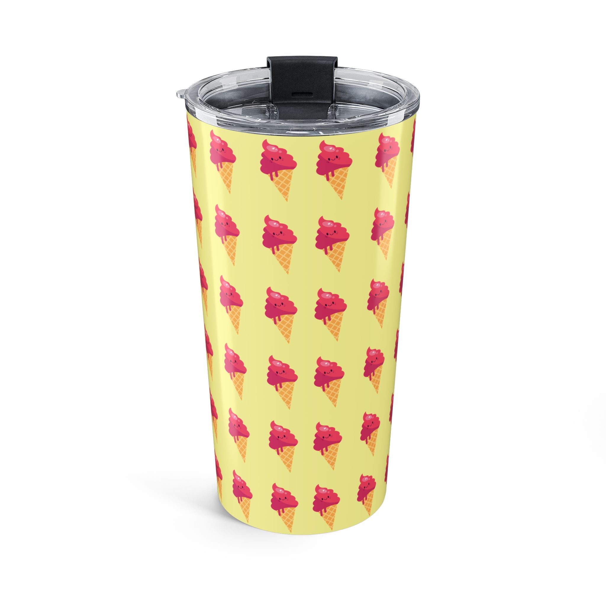 Pink Ice Cream Cone Tumbler – Pink Summer Scoop Pattern Stainless Travel Cup - Butter Yellow Background