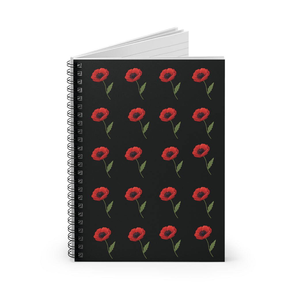 Poppy Pattern Spiral Notebook —  Floral Ruled Journal - Black Cover