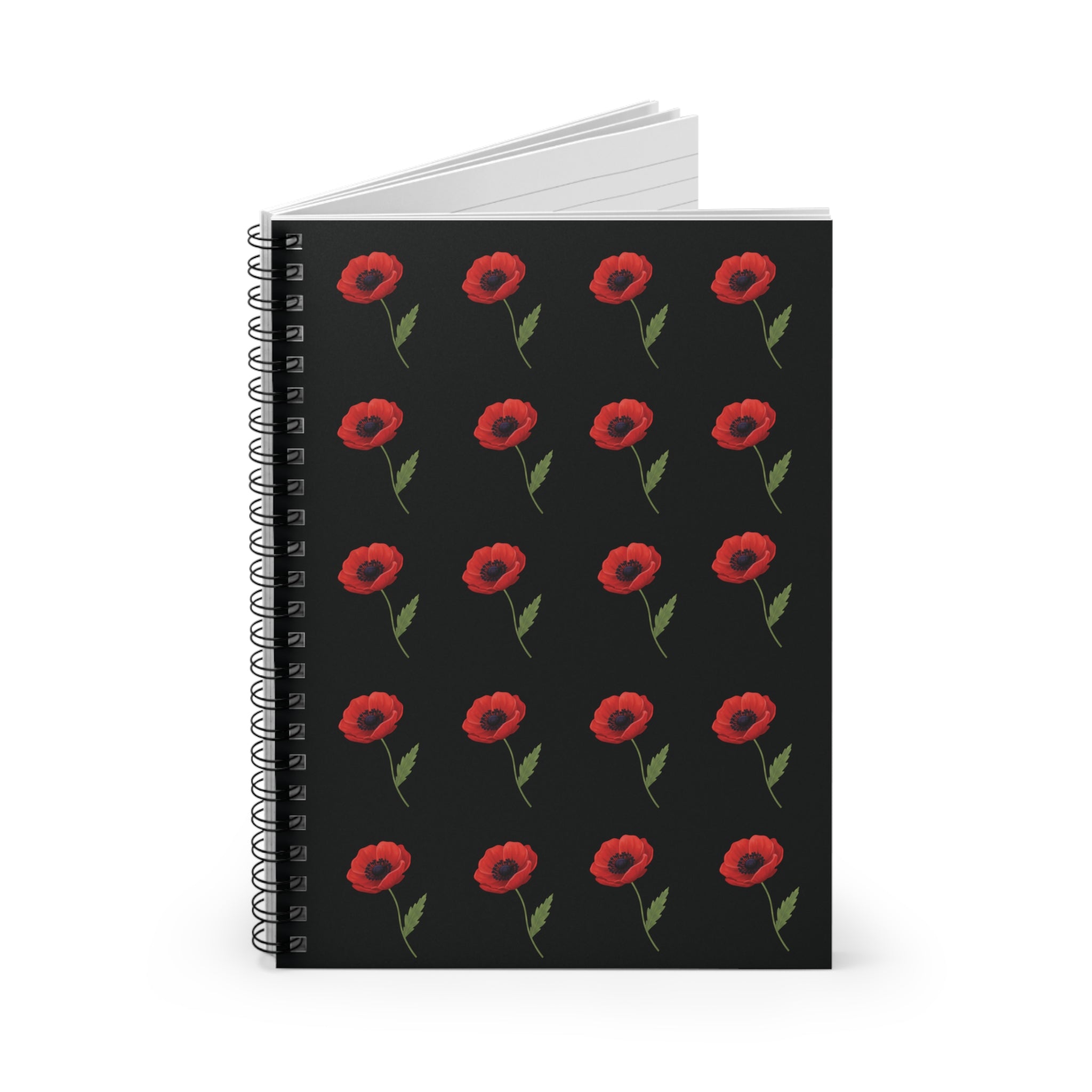 Poppy Pattern Spiral Notebook —  Floral Ruled Journal - Black Cover