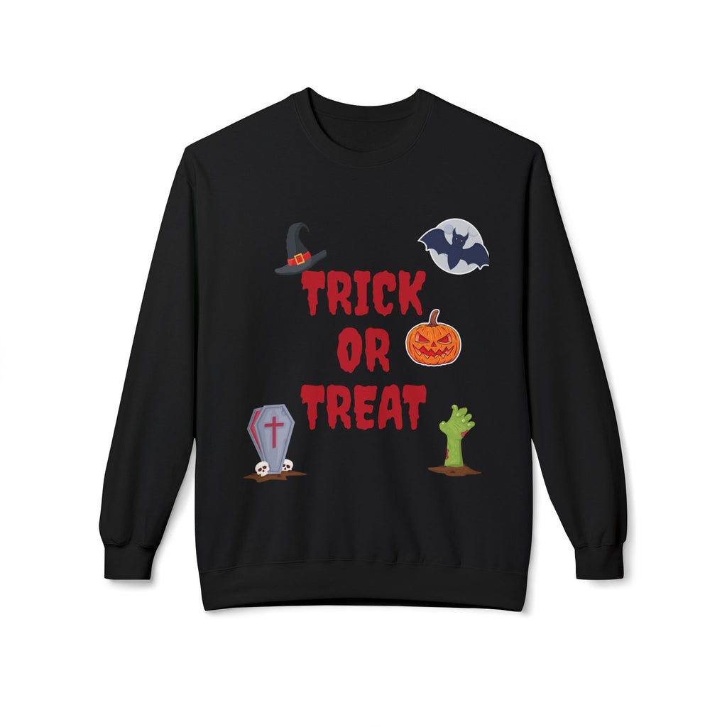 Trick or Treat Unisex Midweight Softstyle Fleece Crewneck Sweatshirt Black (Red Letters)