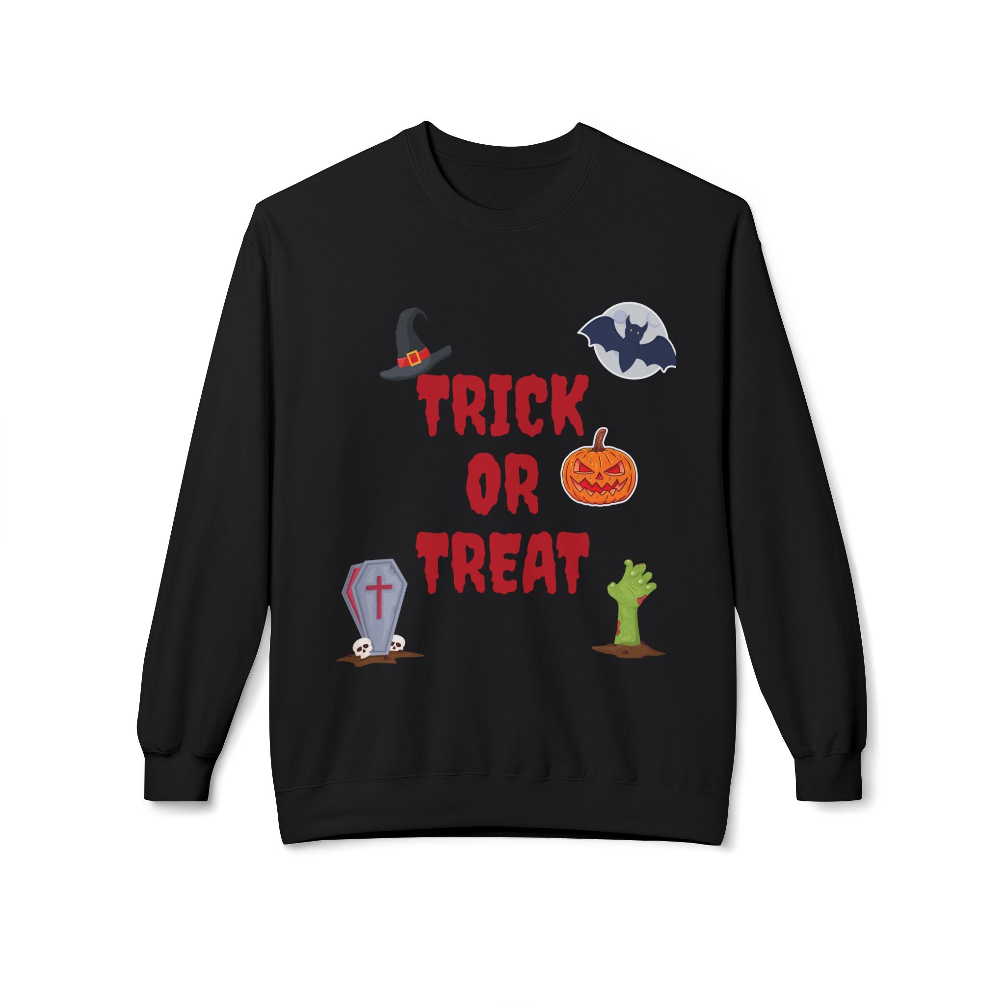 Trick or Treat Unisex Midweight Softstyle Fleece Crewneck Sweatshirt Black (Red Letters)
