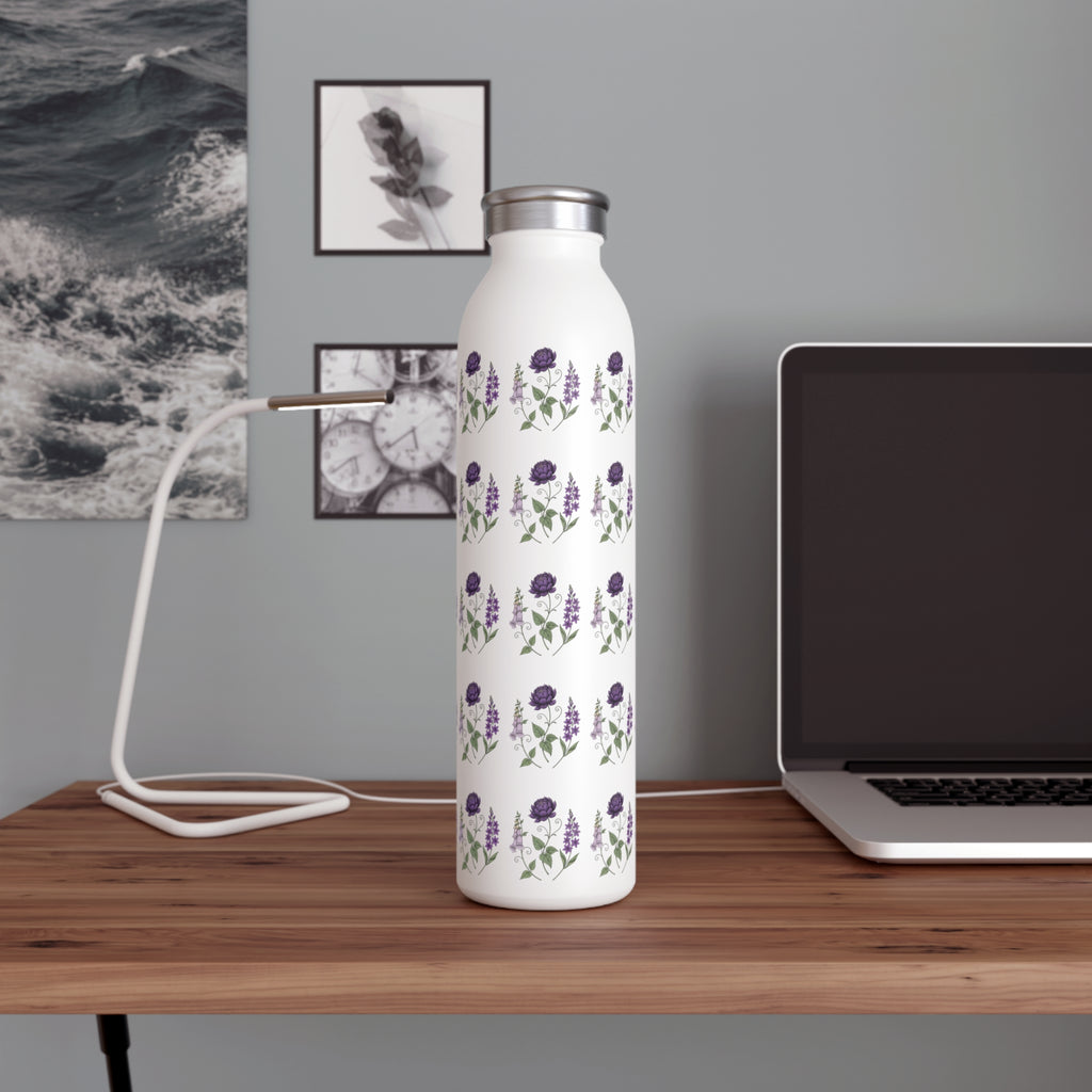 Purple Flowers Slim Water Bottle — Vintage Floral Pattern Insulated Bottle