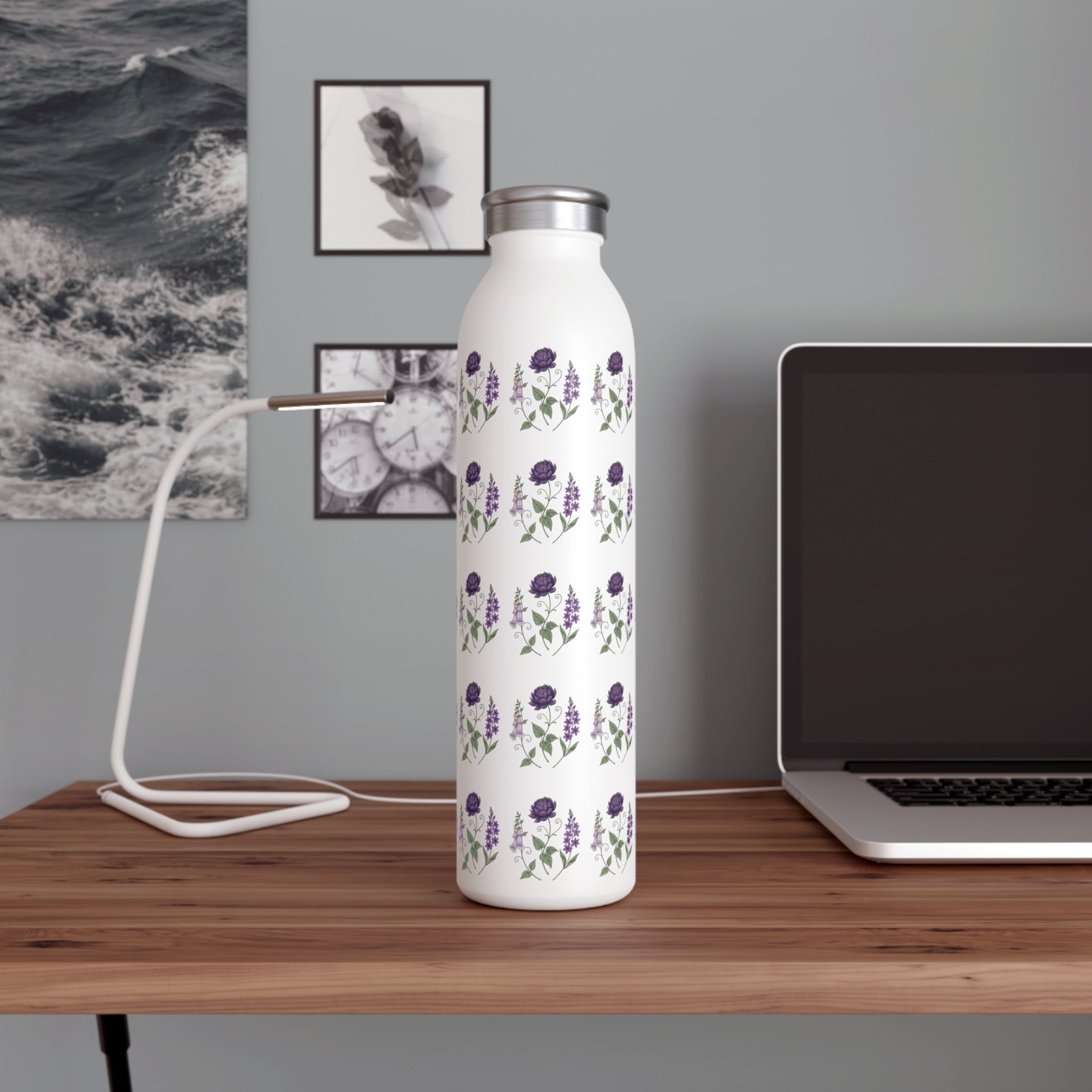Purple Flowers Slim Water Bottle — Vintage Floral Pattern Insulated Bottle