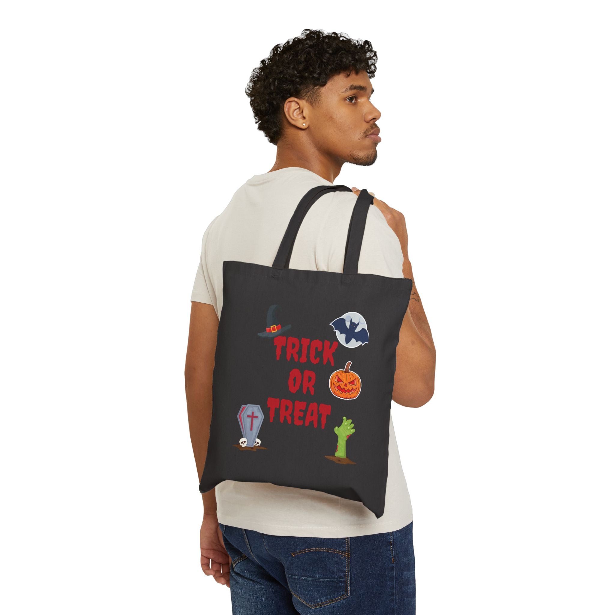 Trick or Treat Cotton Canvas Tote Bag Black (Red Letters)
