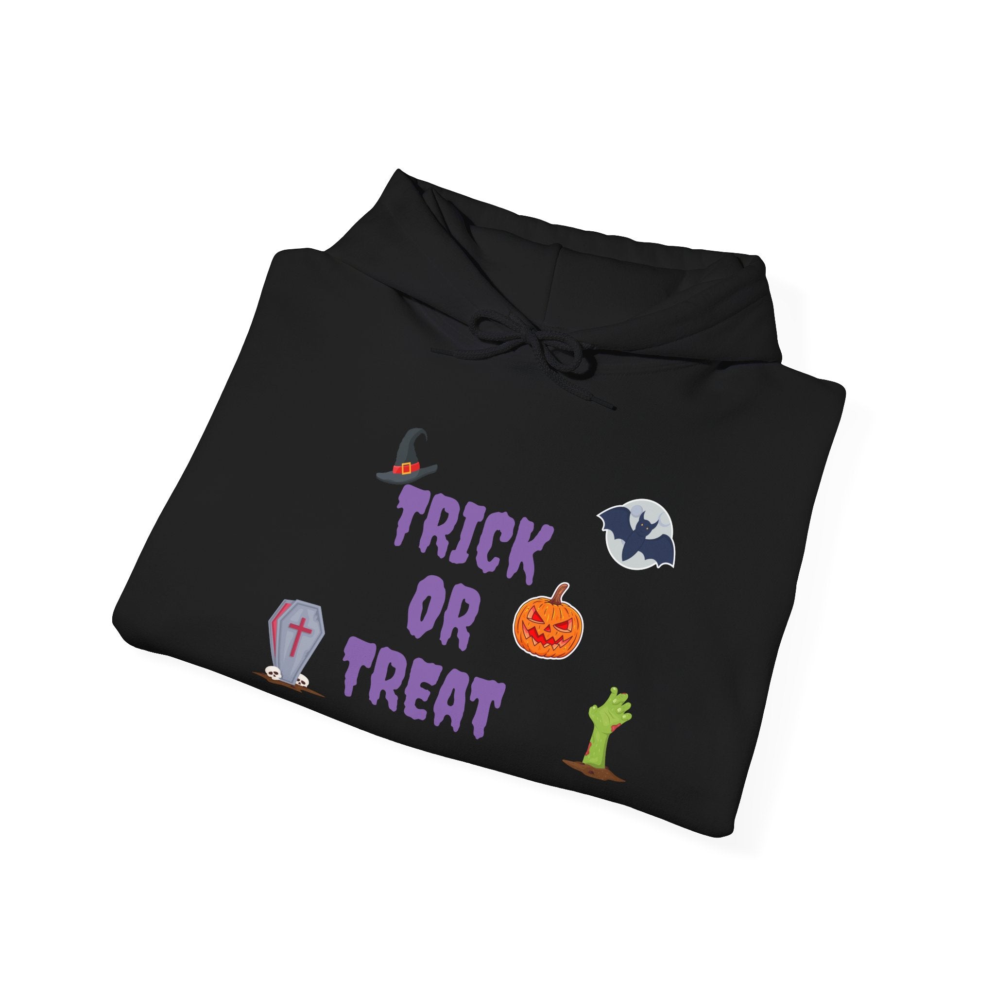 Trick or Treat Unisex Heavy Blend™ Hooded Sweatshirt White & Black (Purple Letters)