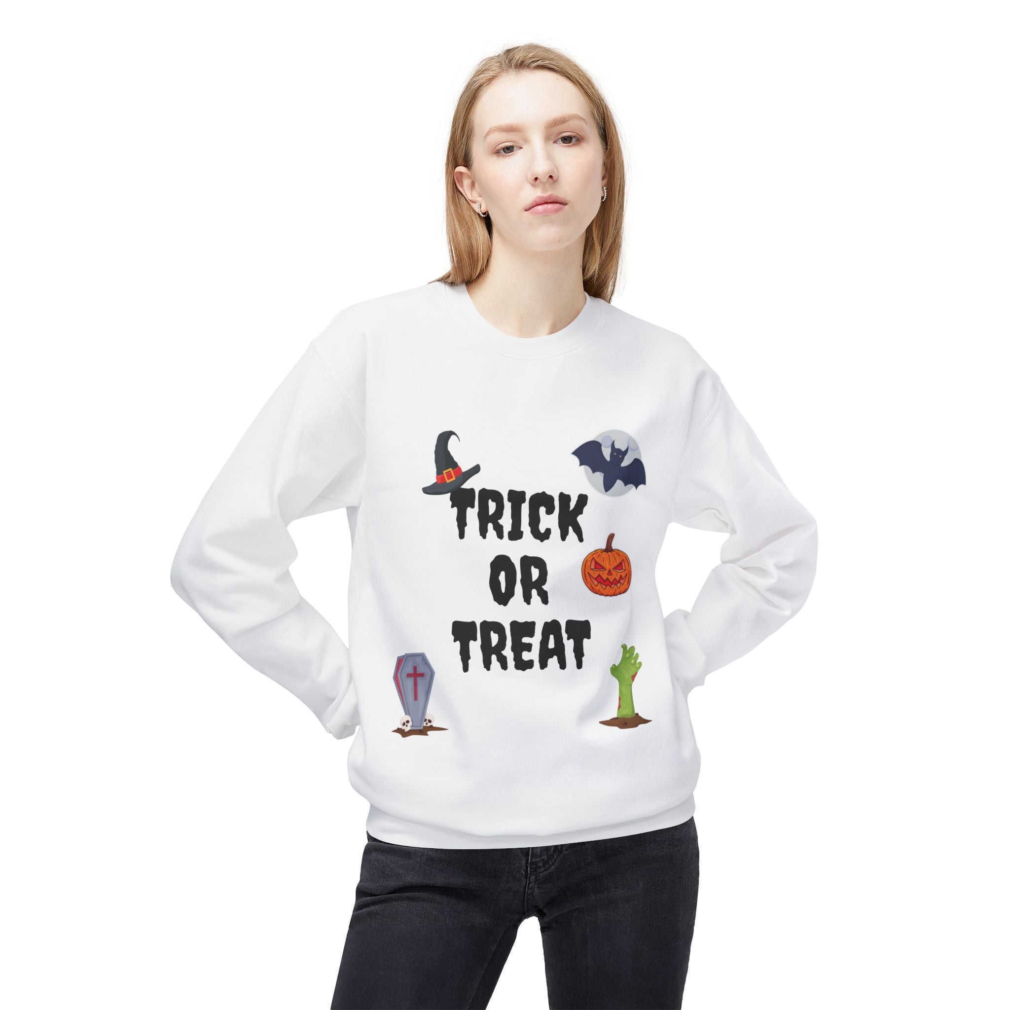 Trick or Treat Unisex Midweight Softstyle Fleece Crewneck Sweatshirt White & Black (Purple Letters)