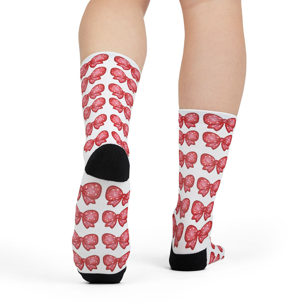 Glittery Red Bow Pattern Sublimation Crew Socks