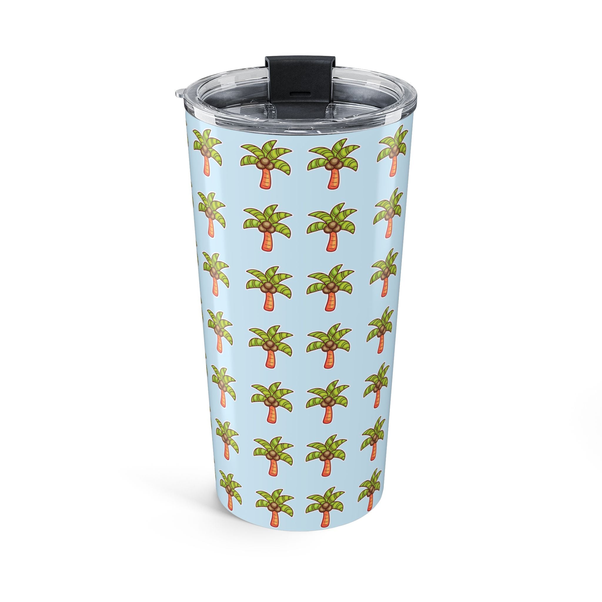 Palm Tree Pattern Tumbler — Tropical Travel Coffee Cup - Light Blue