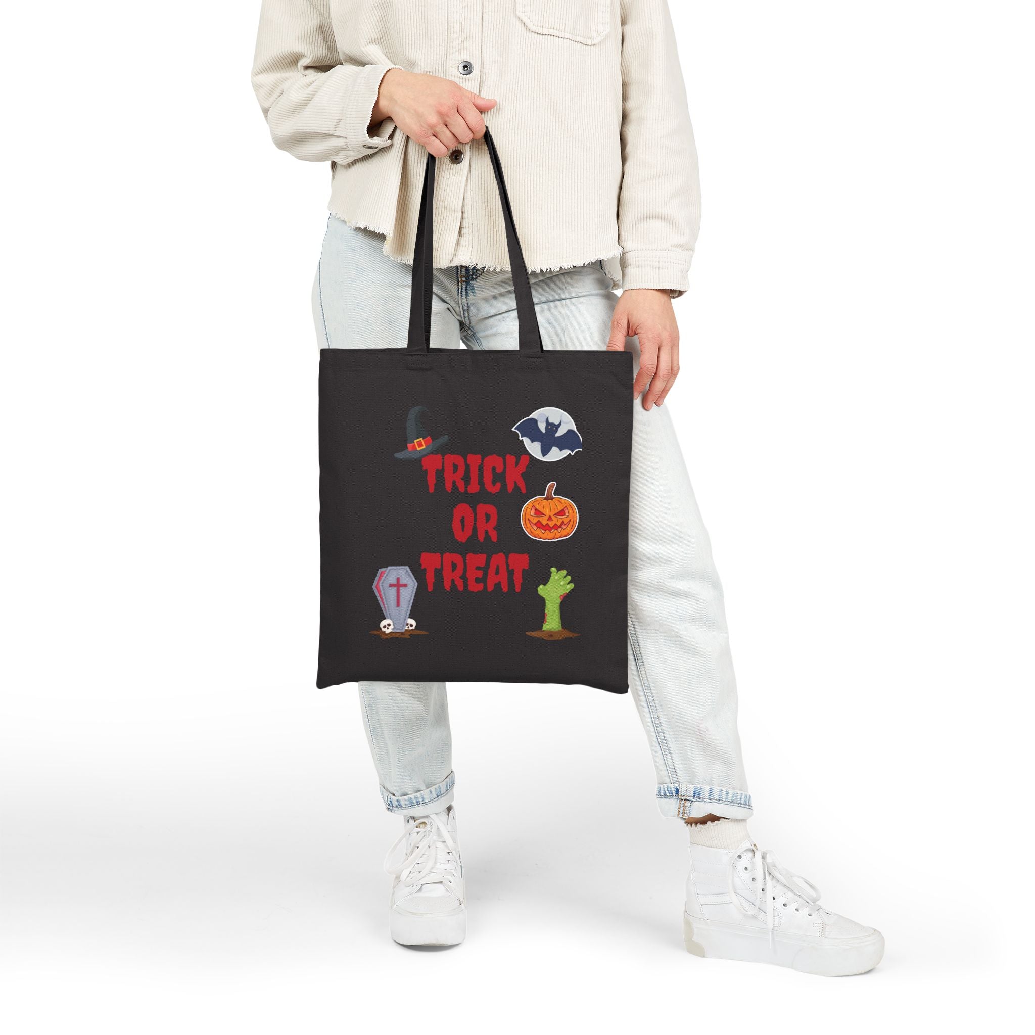 Trick or Treat Cotton Canvas Tote Bag Black (Red Letters)