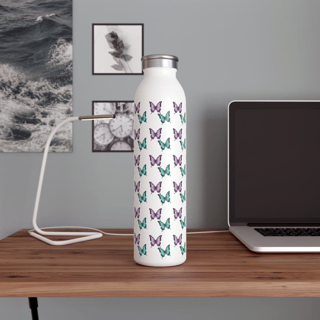 Butterfly Pattern Slim Water Bottle — Purple & Turquoise Reusable Bottle