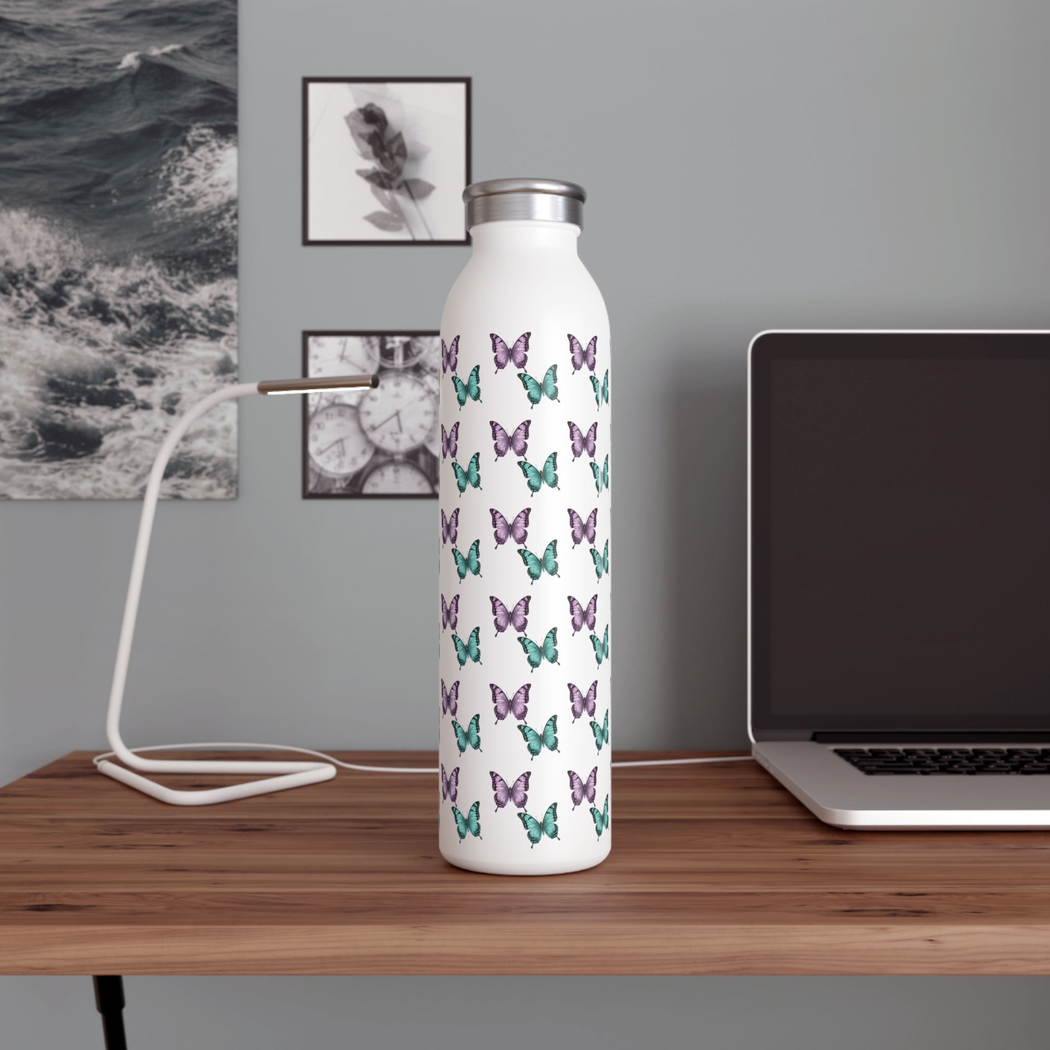 Butterfly Pattern Slim Water Bottle — Purple & Turquoise Reusable Bottle