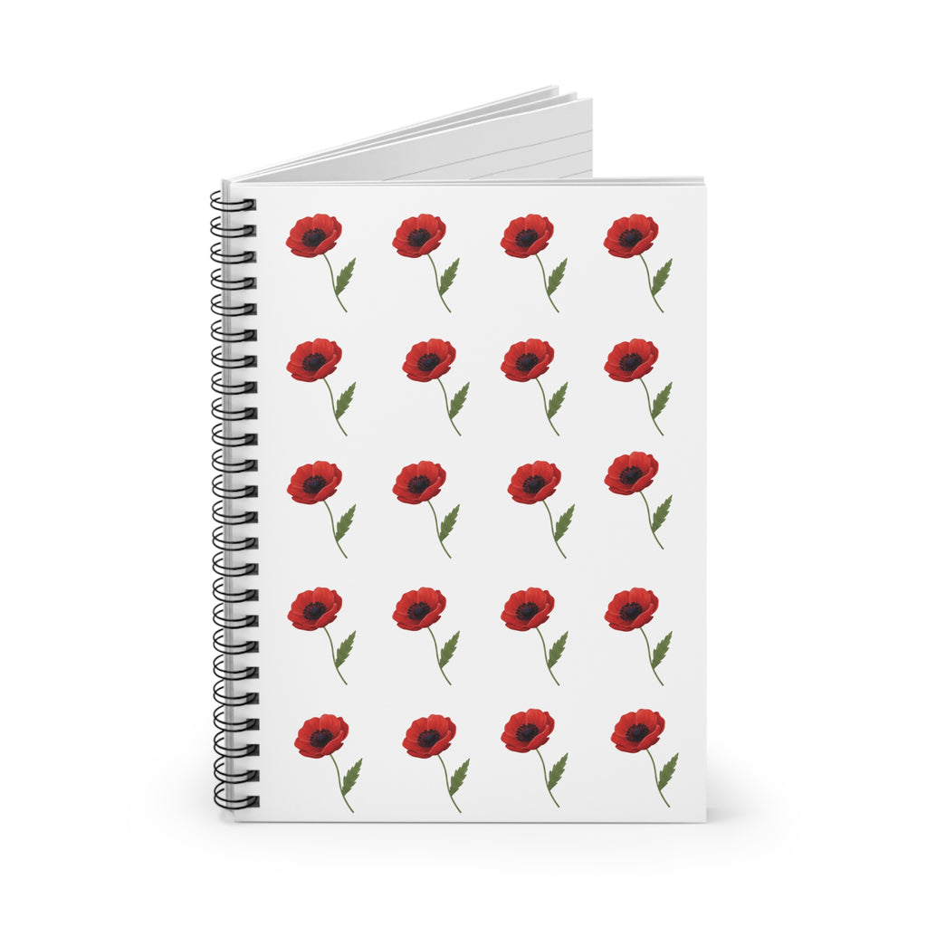 Poppy Pattern Spiral Notebook — Floral Ruled Journal - White Cover