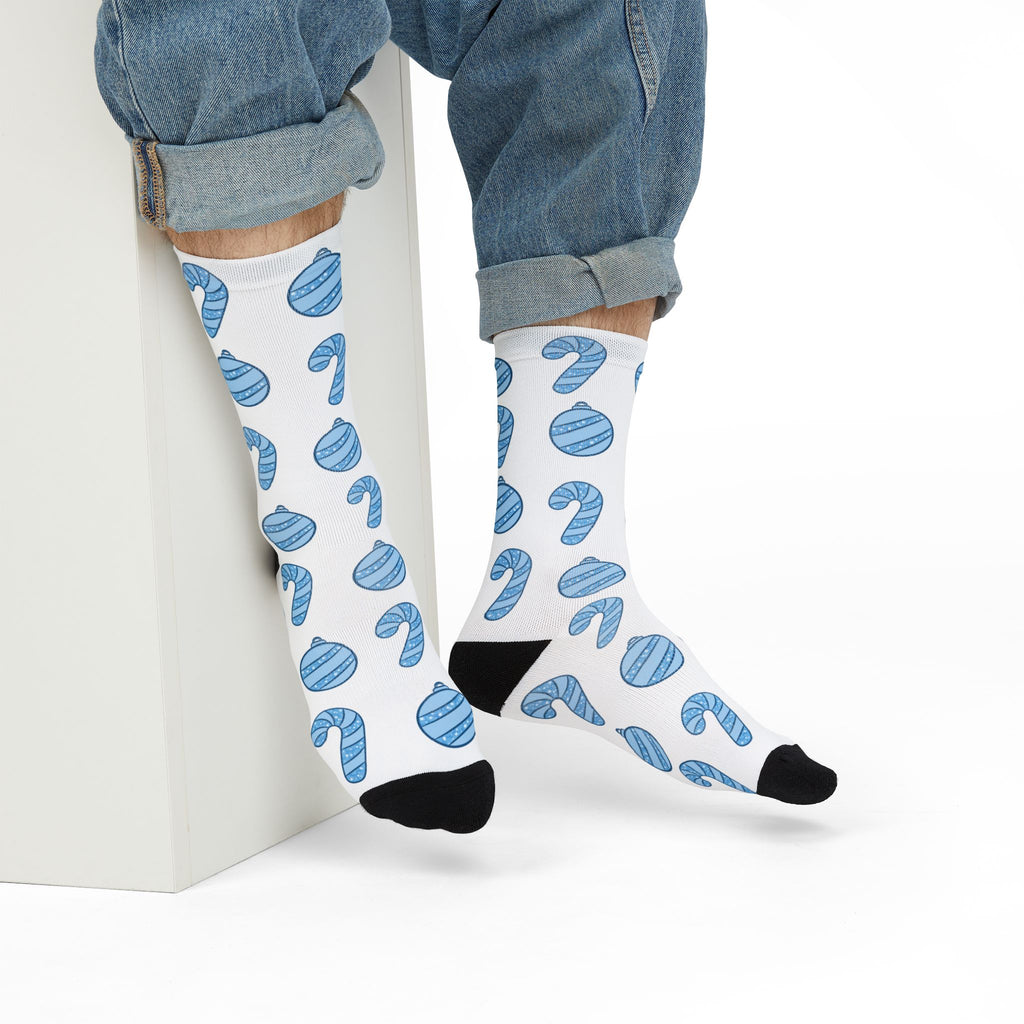 Glittery Blue Holiday Pattern Sublimation Crew Socks