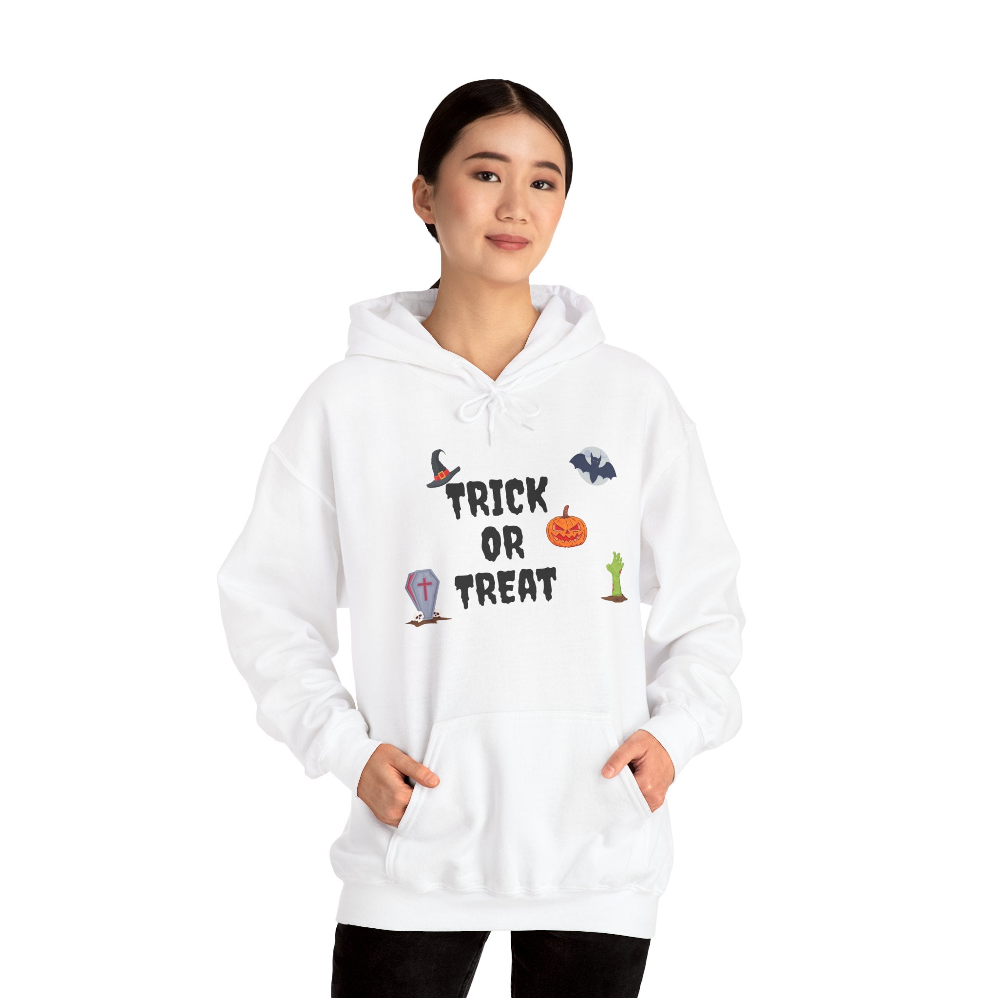 Trick or Treat Unisex Heavy Blend™ Hooded Sweatshirt White & Black (Purple Letters)