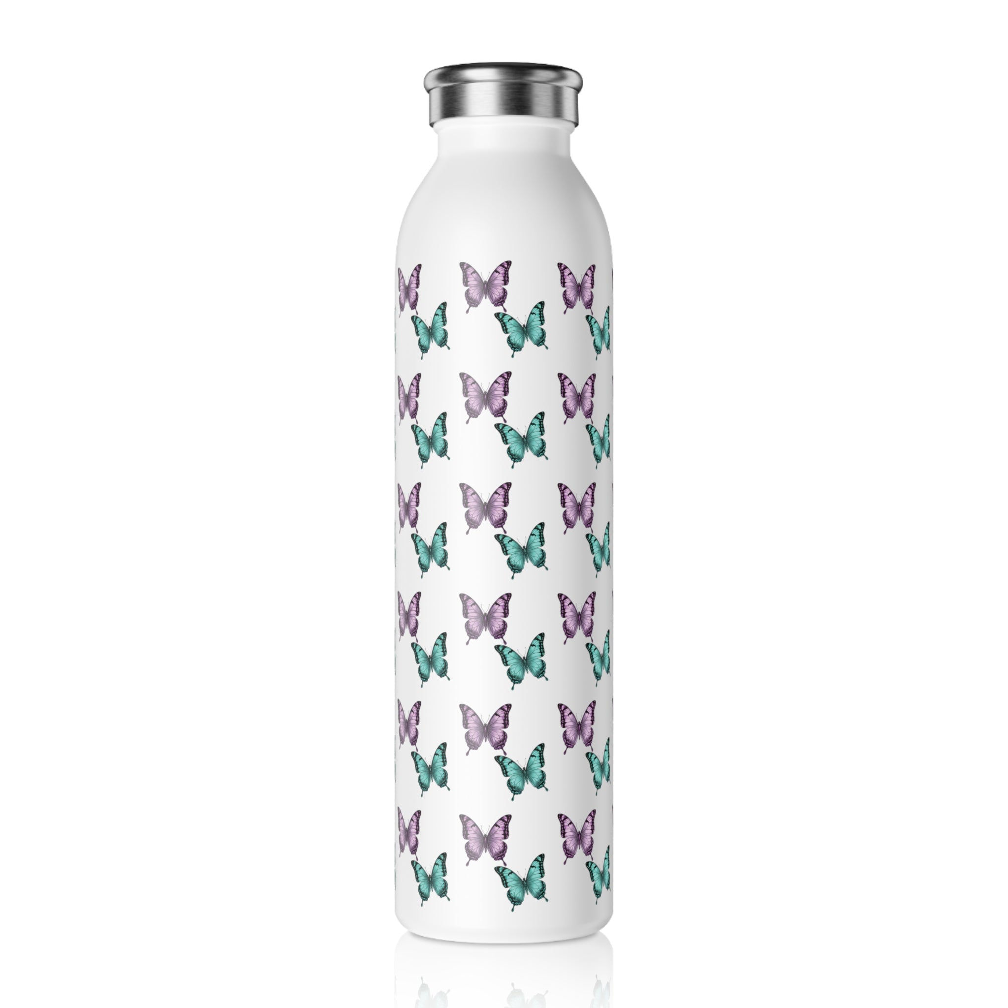 Butterfly Pattern Slim Water Bottle — Purple & Turquoise Reusable Bottle