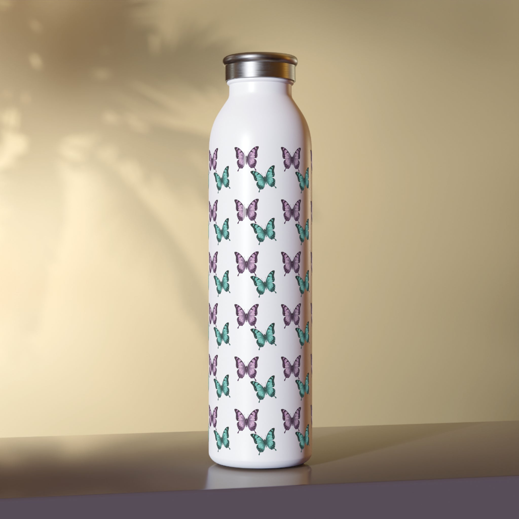 Butterfly Pattern Slim Water Bottle — Purple & Turquoise Reusable Bottle