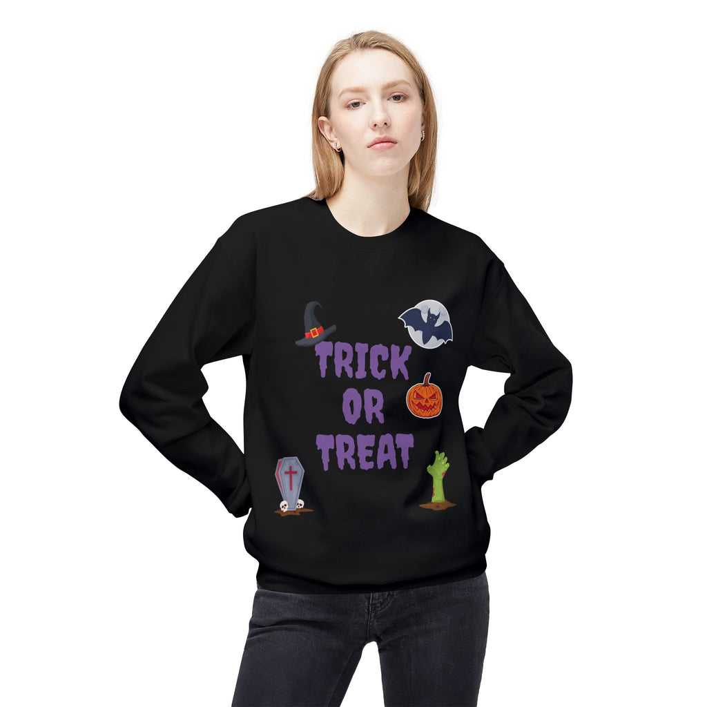 Trick or Treat Unisex Midweight Softstyle Fleece Crewneck Sweatshirt White & Black (Purple Letters)