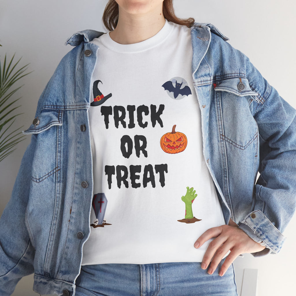 Trick or Treat Unisex Heavy Cotton Tee White & Black (Purple Letters)