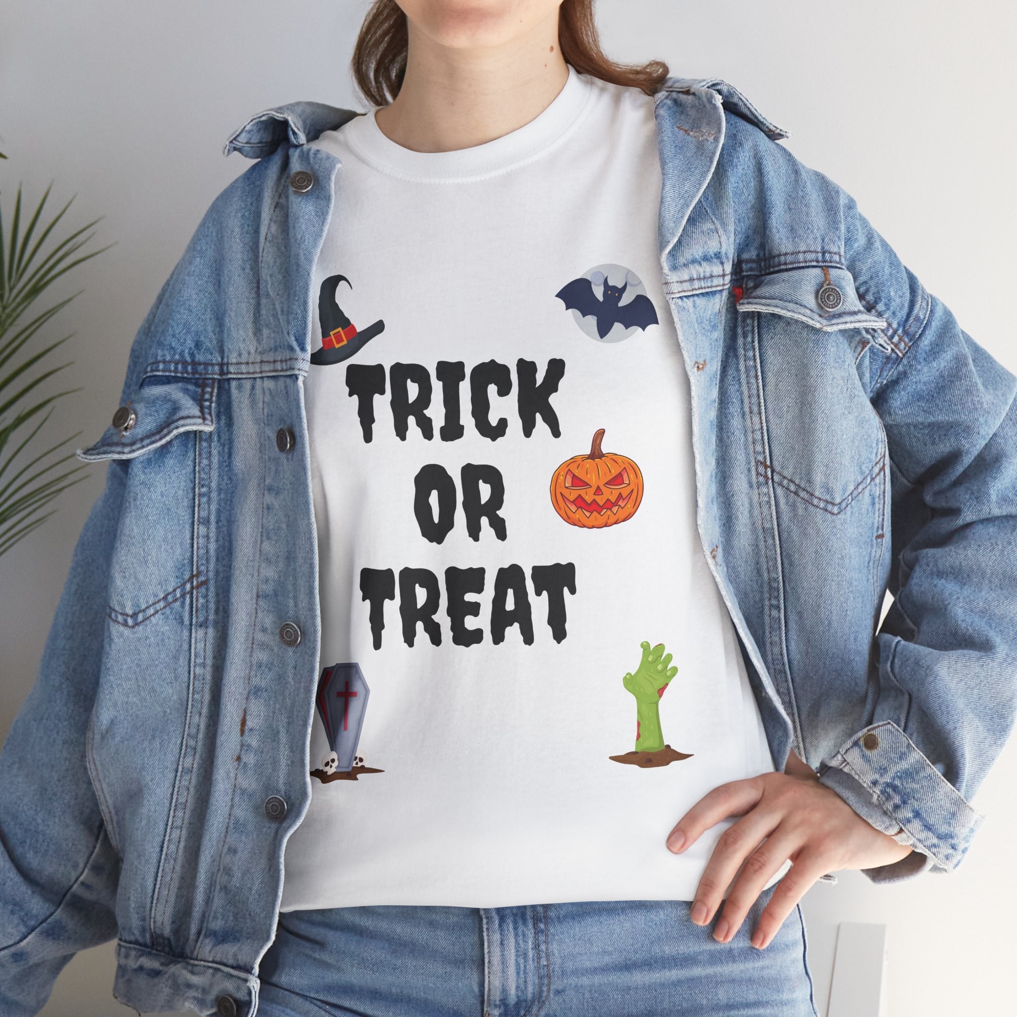 Trick or Treat Unisex Heavy Cotton Tee White & Black (Purple Letters)