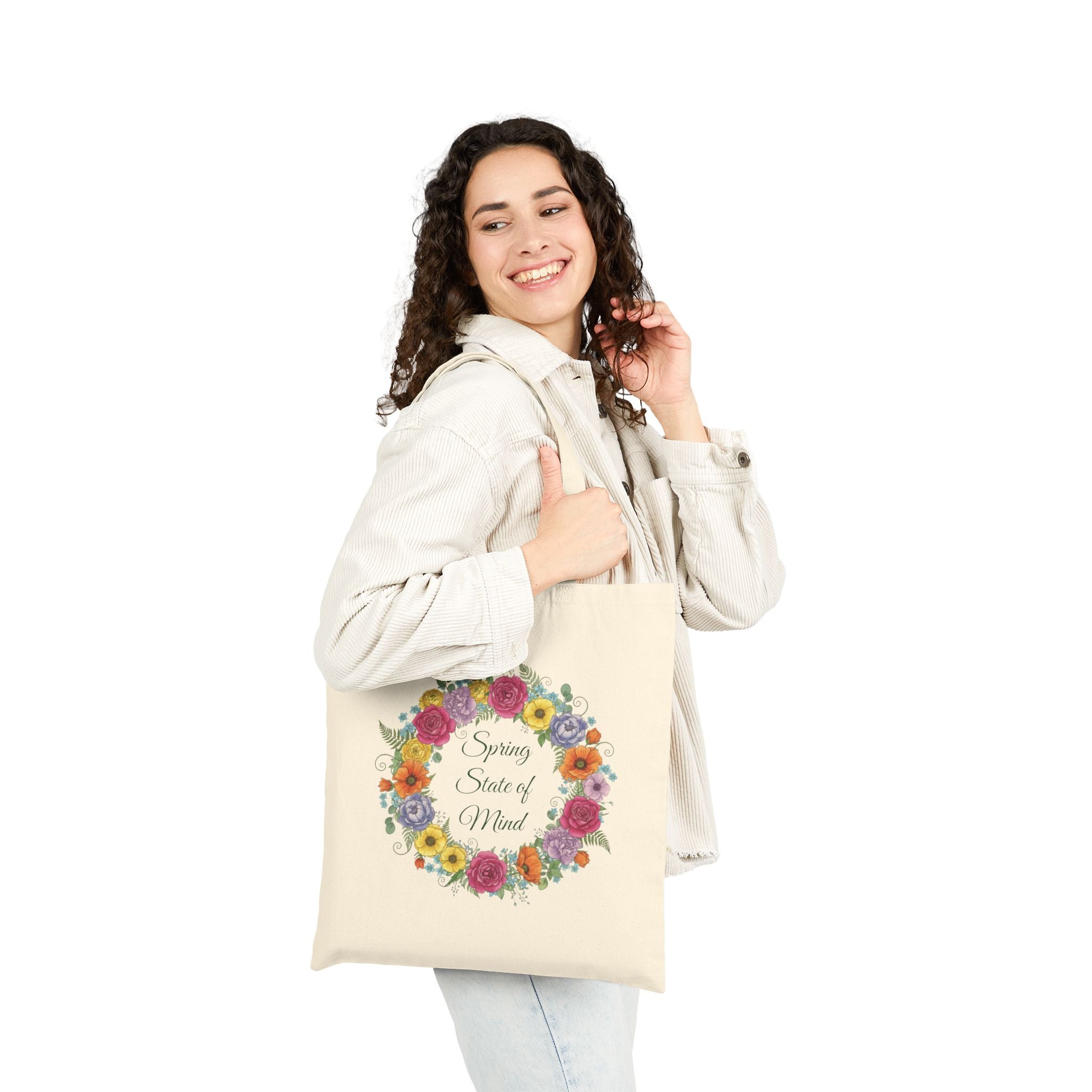 ''Spring State of Mind'' Canvas Tote — Floral Wreath Reusable Bag