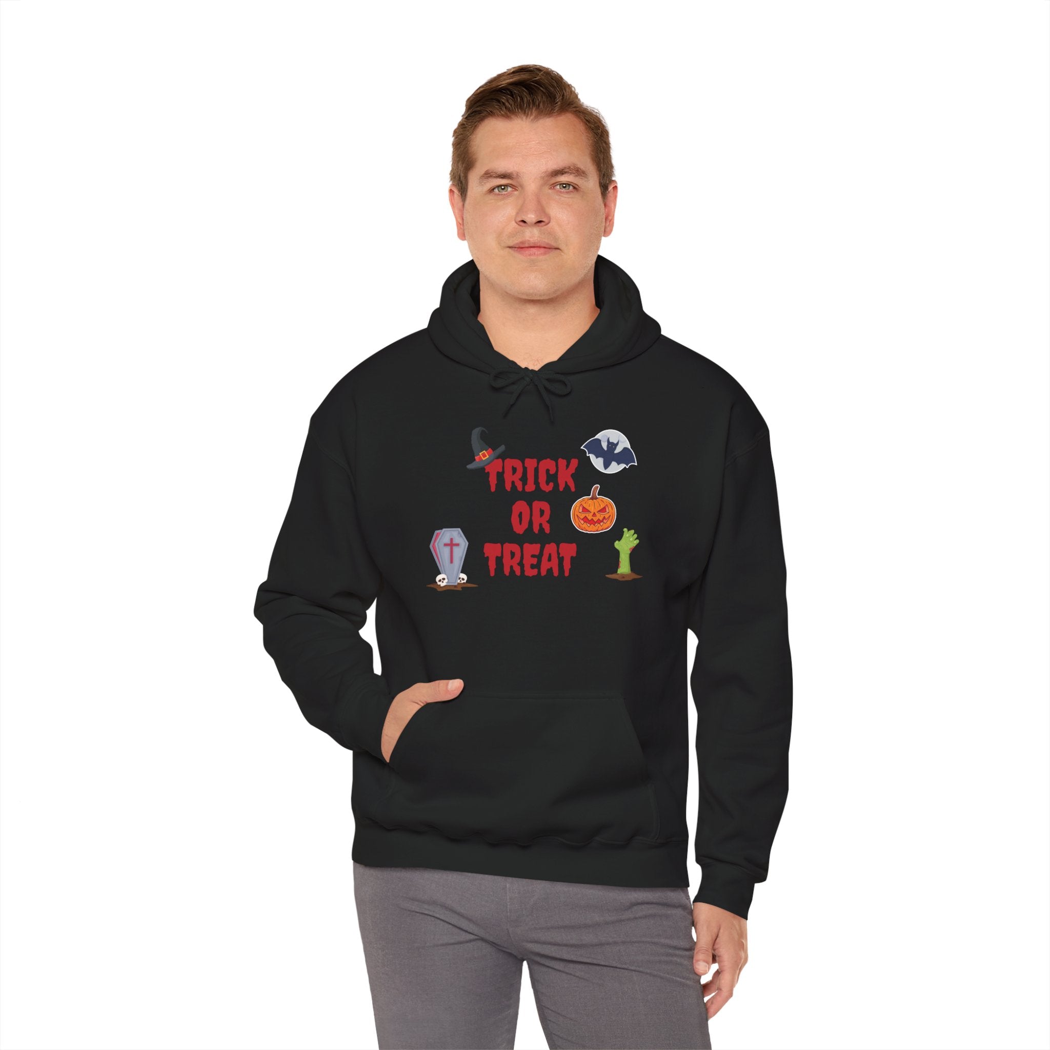 Trick or Treat Unisex Heavy Blend™ Hooded Sweatshirt Black (Red Letters)