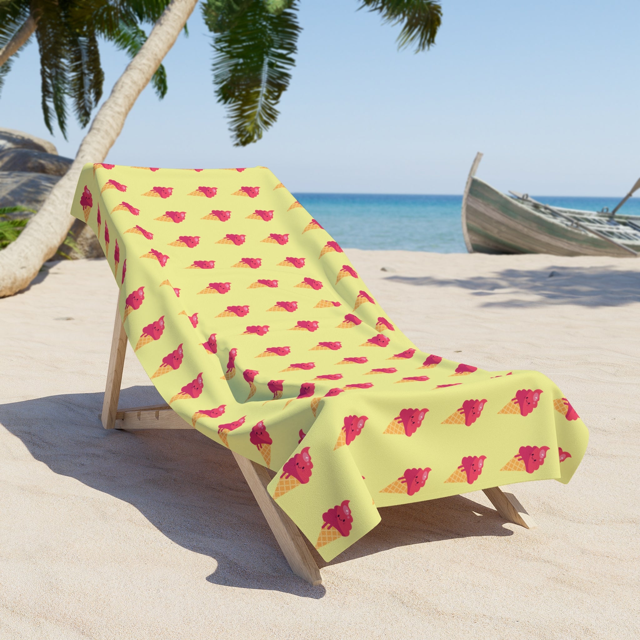 Pink Ice Cream Beach Towel —  Summer Scoop Print - Butter Yellow Background