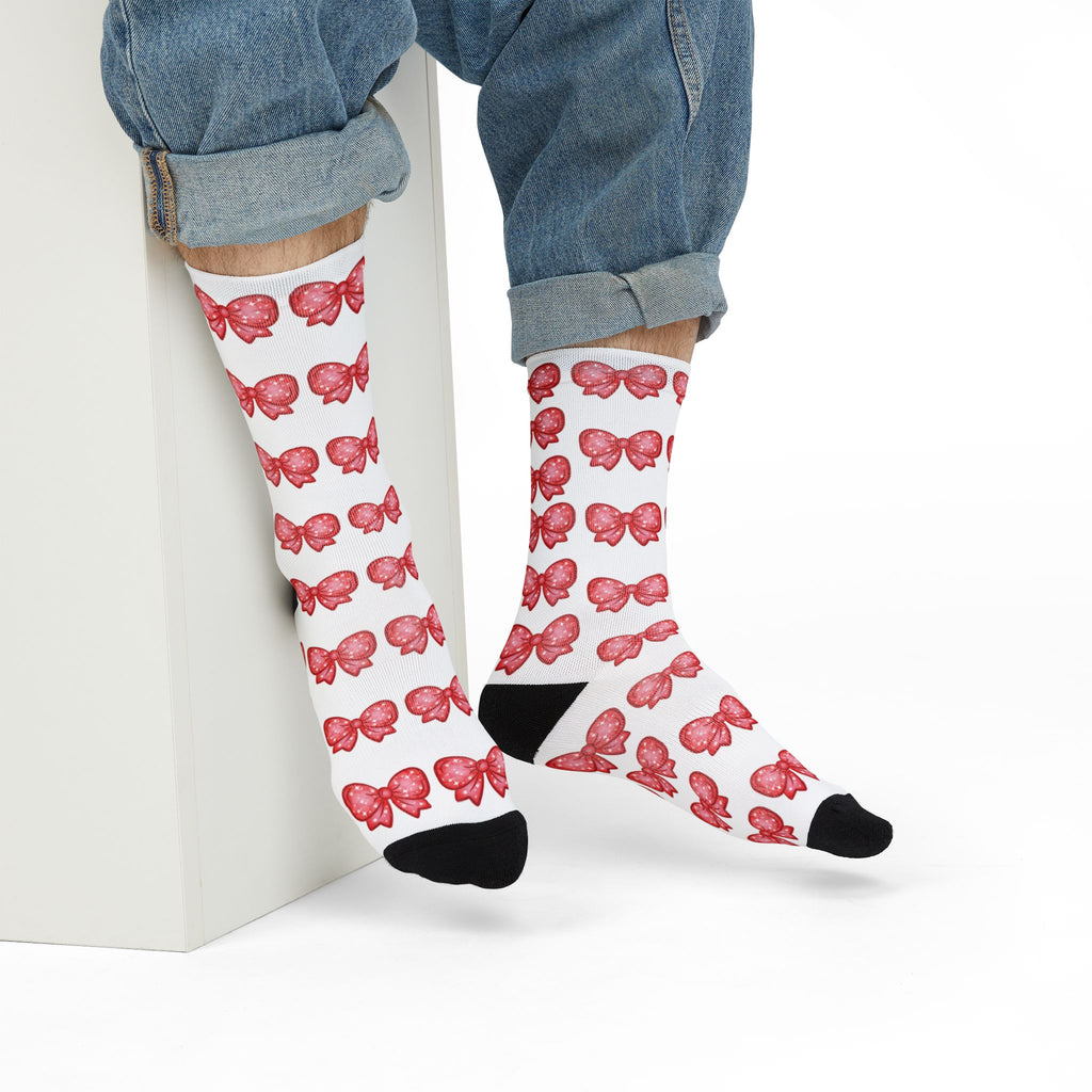 Glittery Red Bow Pattern Sublimation Crew Socks