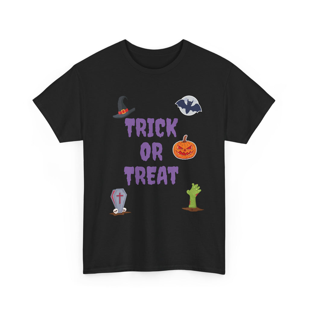 Trick or Treat Unisex Heavy Cotton Tee White & Black (Purple Letters)