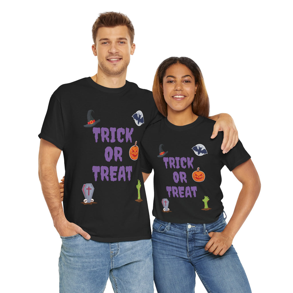 Trick or Treat Unisex Heavy Cotton Tee White & Black (Purple Letters)