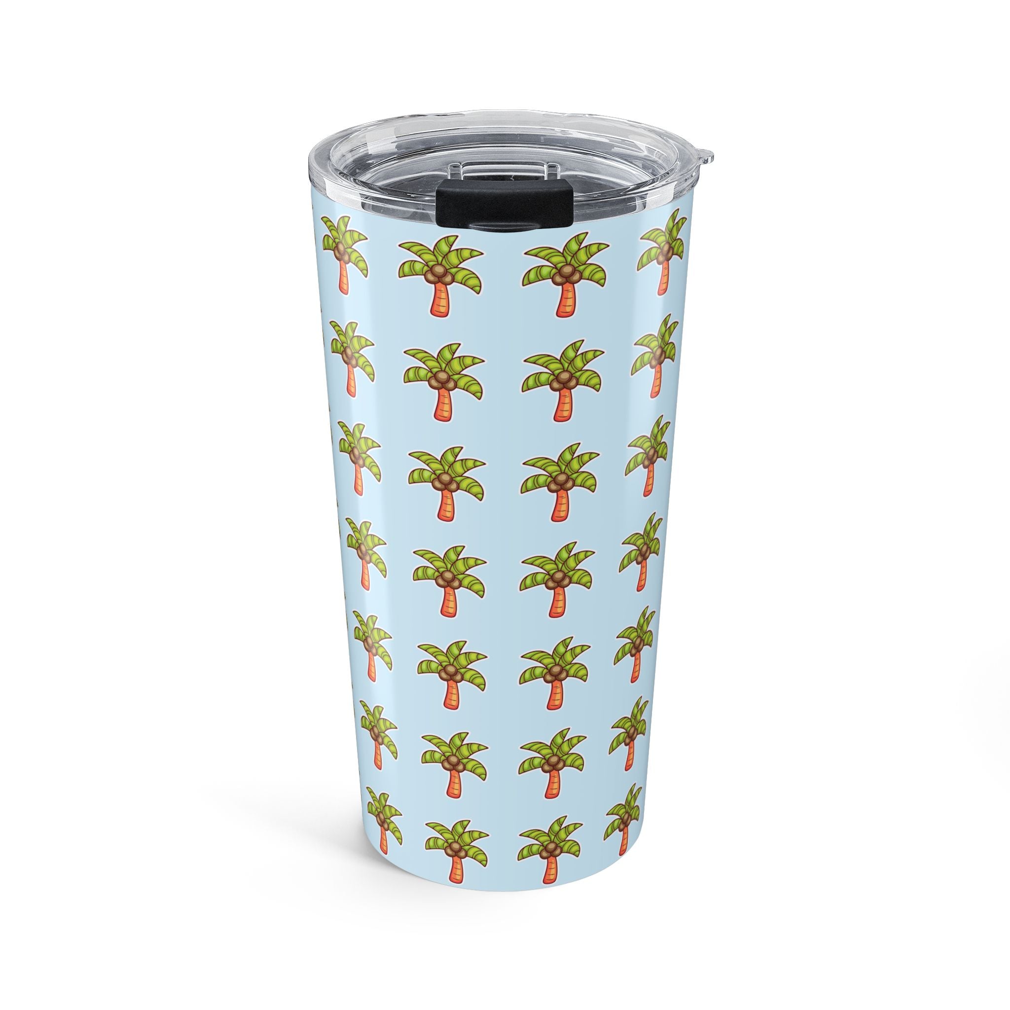 Palm Tree Pattern Tumbler — Tropical Travel Coffee Cup - Light Blue