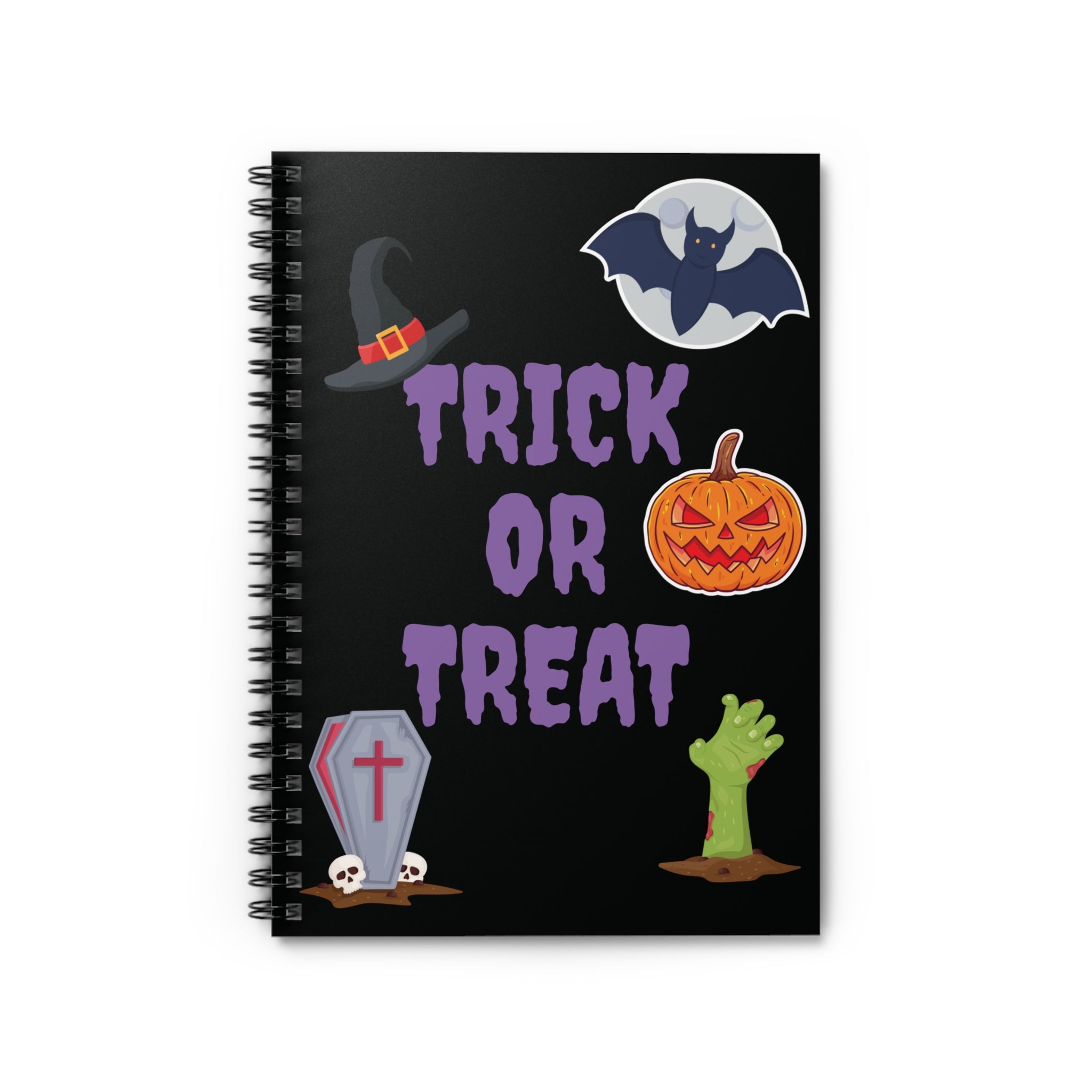 Trick or Treat Spiral Notebook - Ruled Line - Black (Purple Letters)