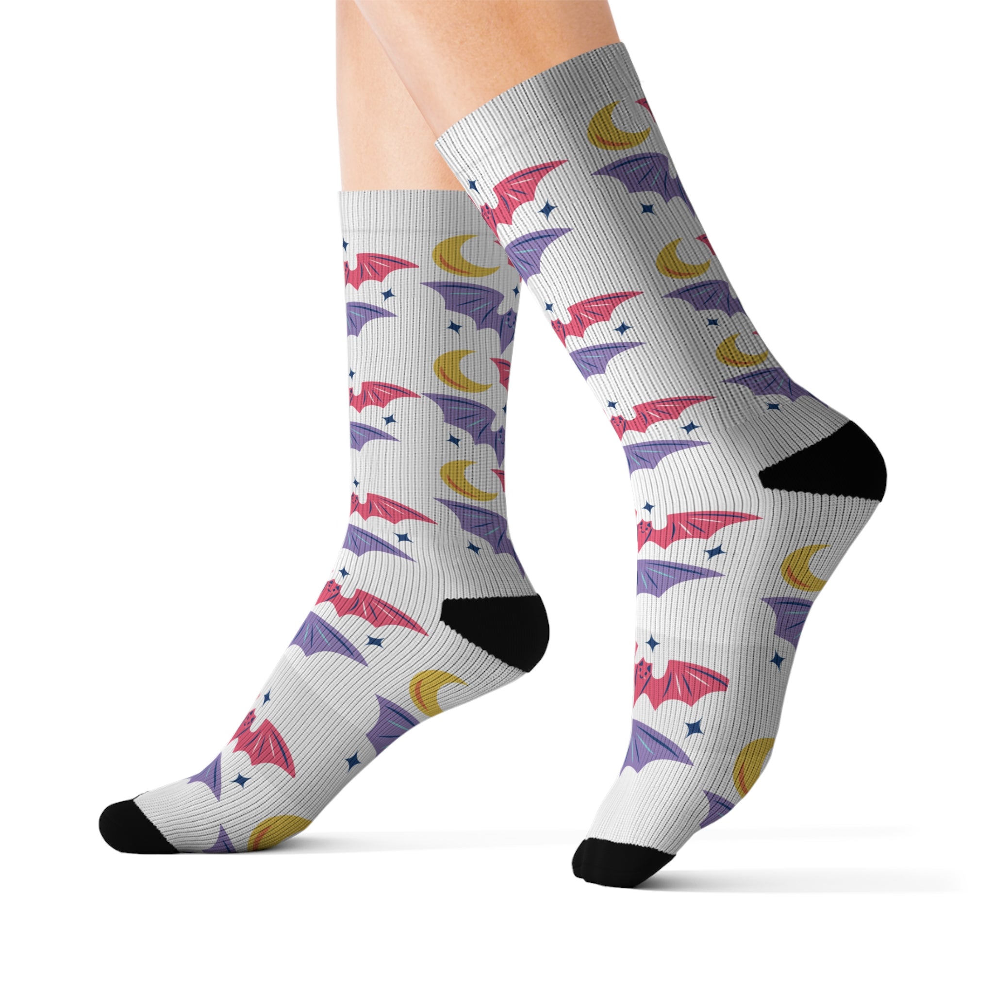 Cute Bats with Crescent Moon Sublimation Socks