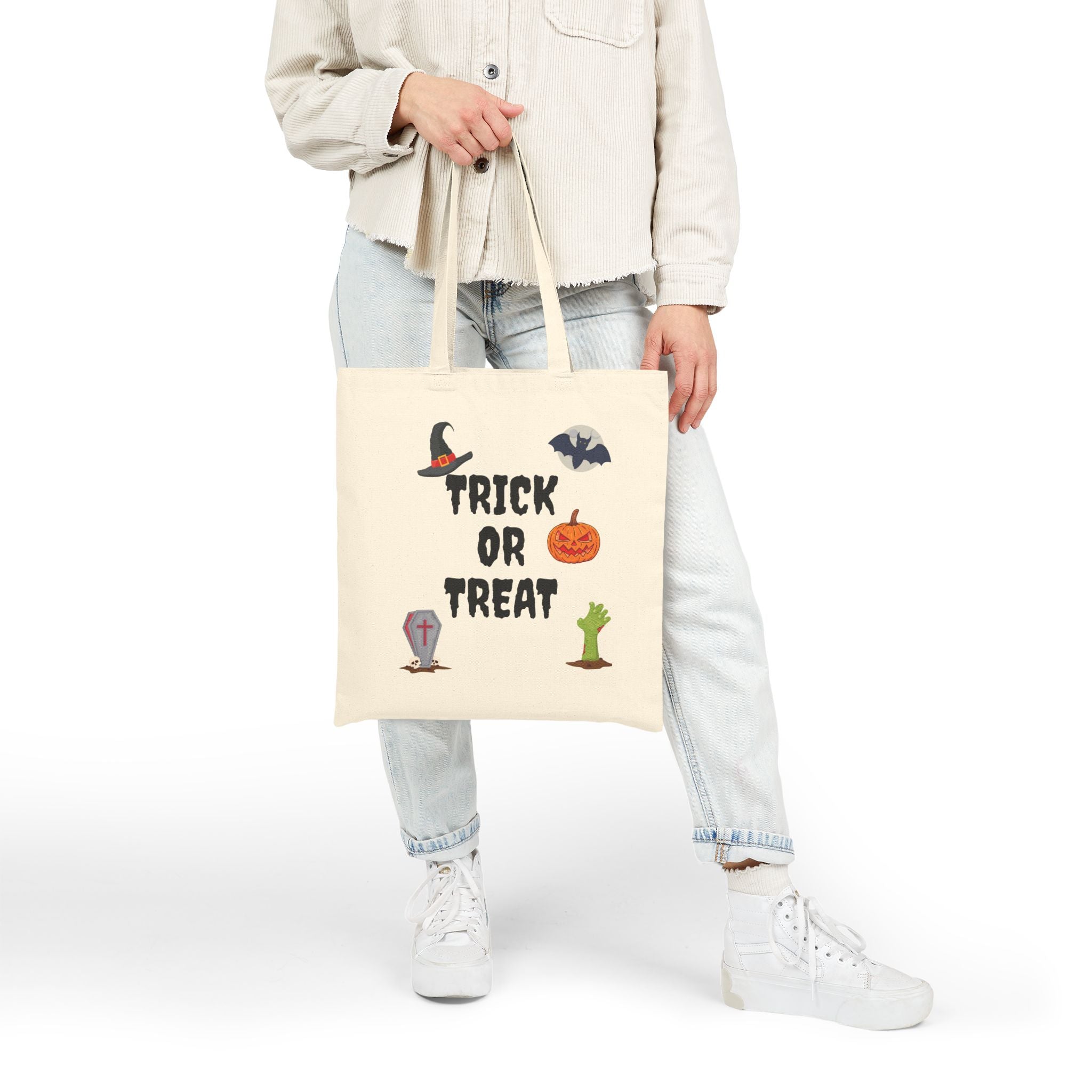 Trick or Treat Cotton Canvas Tote Bag Natural & Black (Purple Letters)