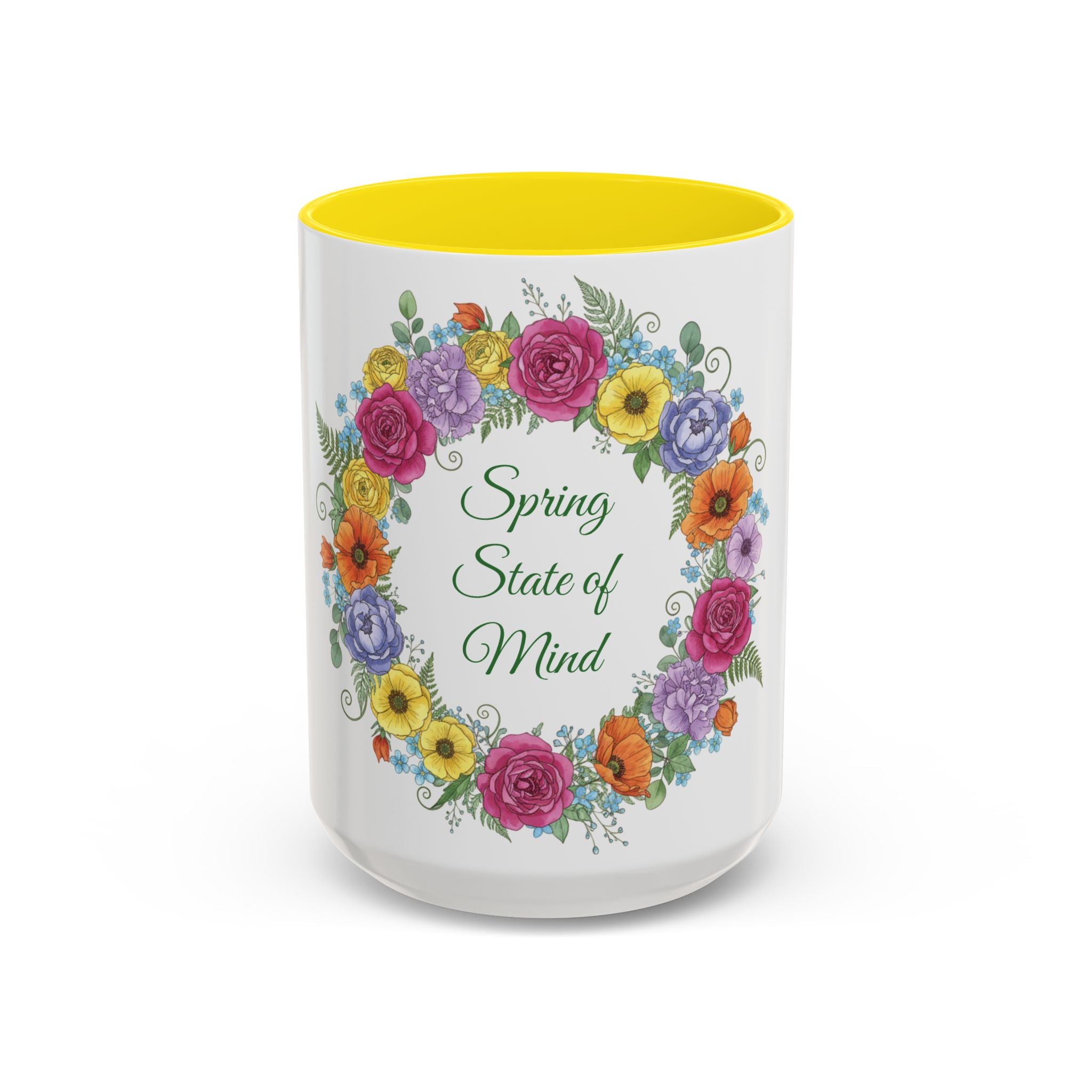 ''Spring State of Mind'' Coffee Mug — Floral Wreath Accent Cup 11/15oz
