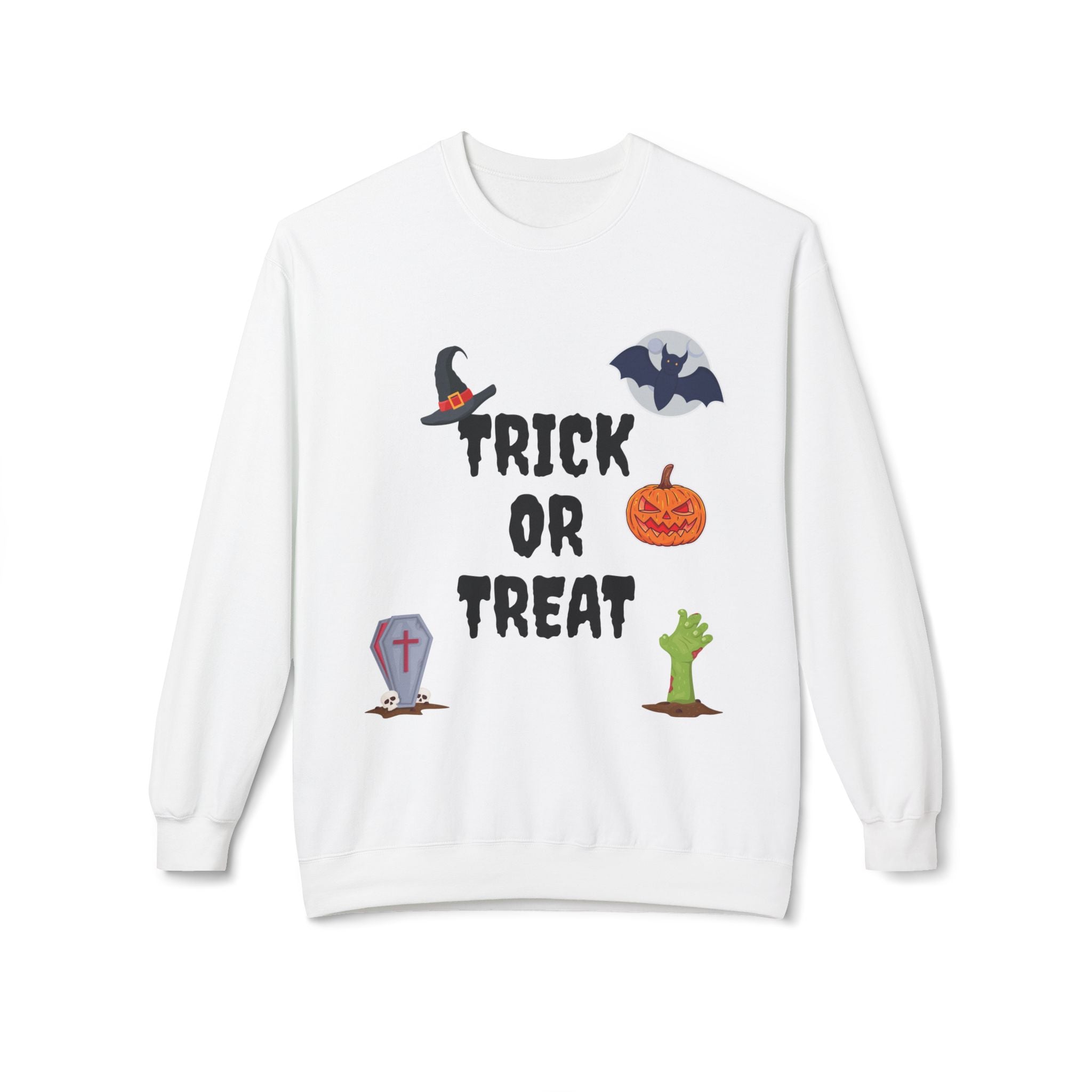 Trick or Treat Unisex Midweight Softstyle Fleece Crewneck Sweatshirt White & Black (Purple Letters)