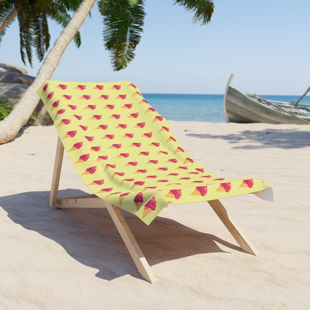 Pink Ice Cream Beach Towel —  Summer Scoop Print - Butter Yellow Background