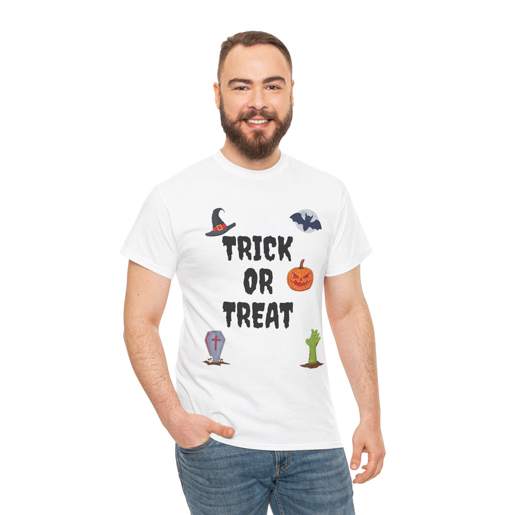 Trick or Treat Unisex Heavy Cotton Tee White & Black (Purple Letters)