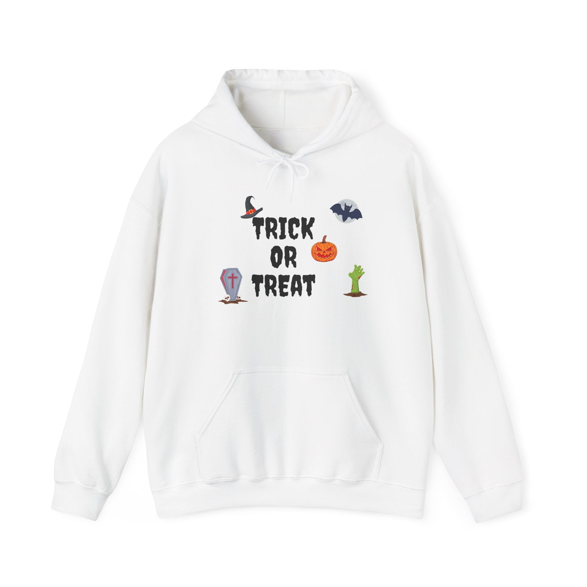 Trick or Treat Unisex Heavy Blend™ Hooded Sweatshirt White & Black (Purple Letters)